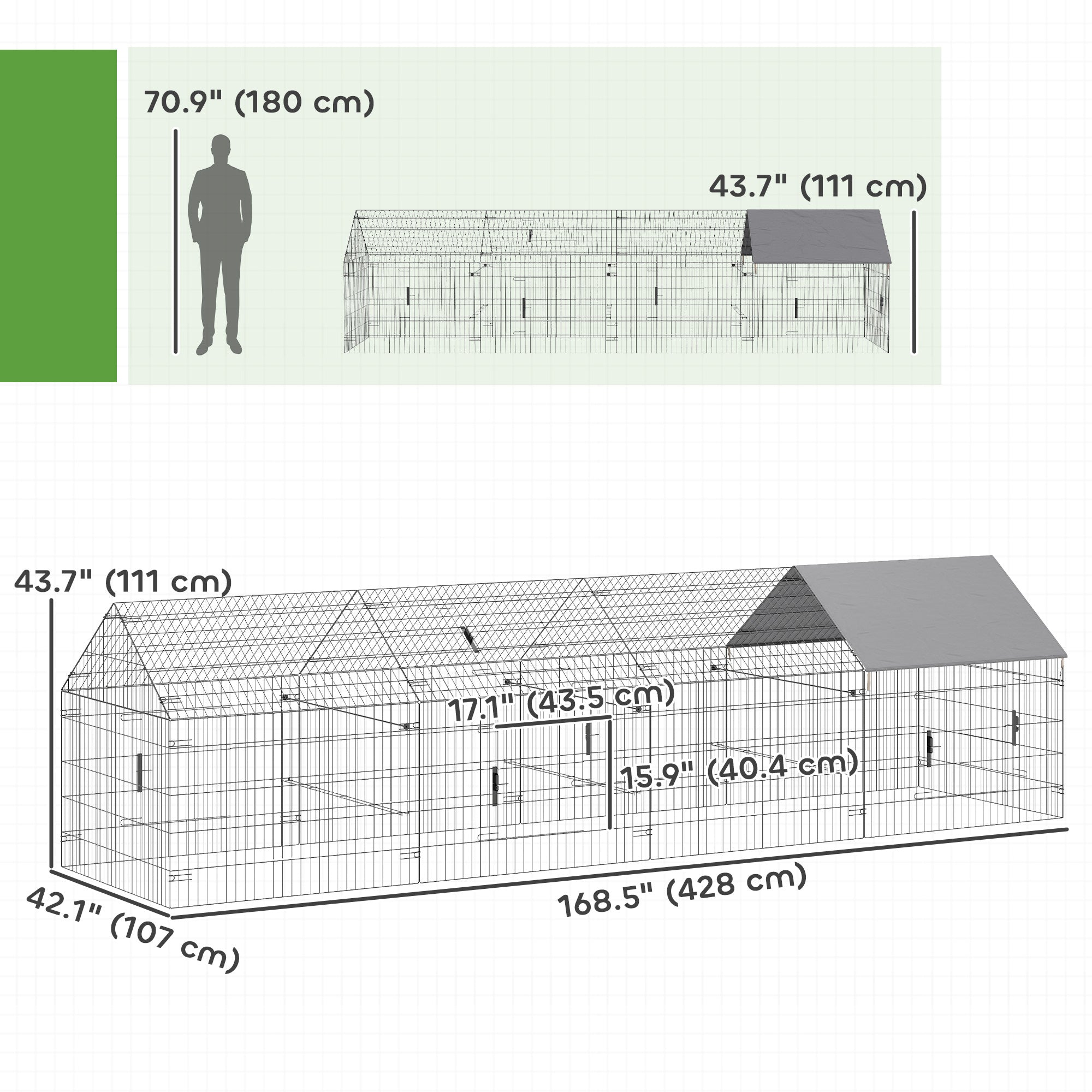 Metal Chicken Coop with UV-Resistant Cover for Hens, Rabbits, Ducks, Geese, 168.5" x 42.1" x 43.7", Grey