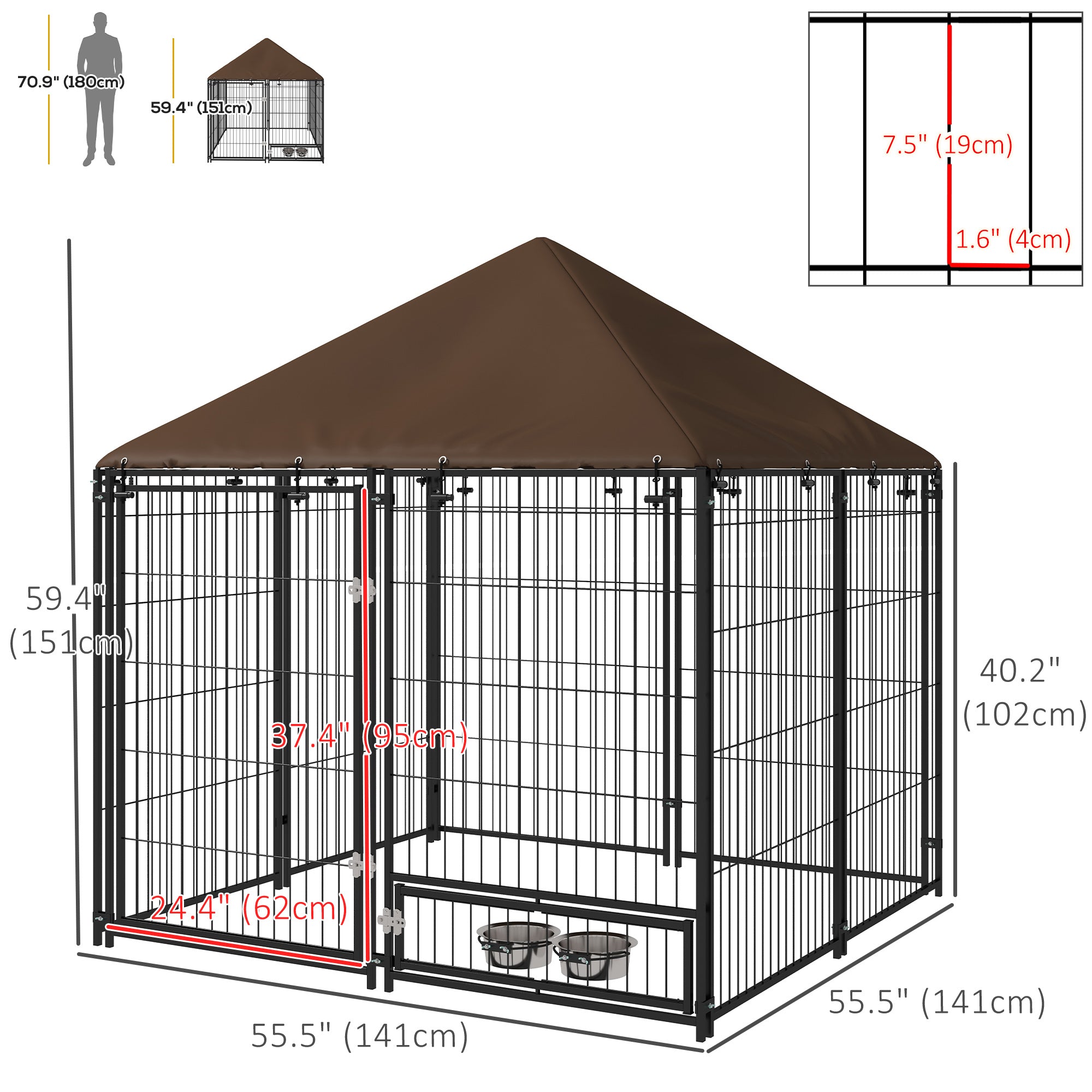 Chenil extérieur pour chien de 4.6' x 4.6' x 5' avec auvent, écuelles rotatives, café