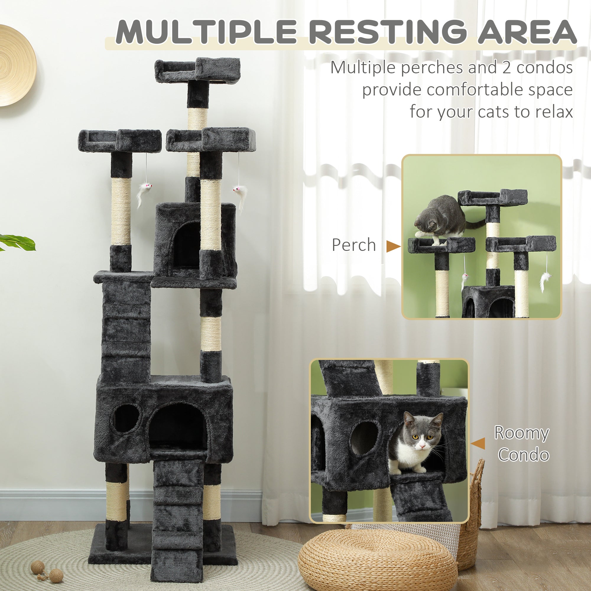 68" Multi-Level Cat Scratching Tree with 3 Perches & 2 Condos, 4 Tier Kitty Activity Center with Ladders & Dangling Toys, Grey