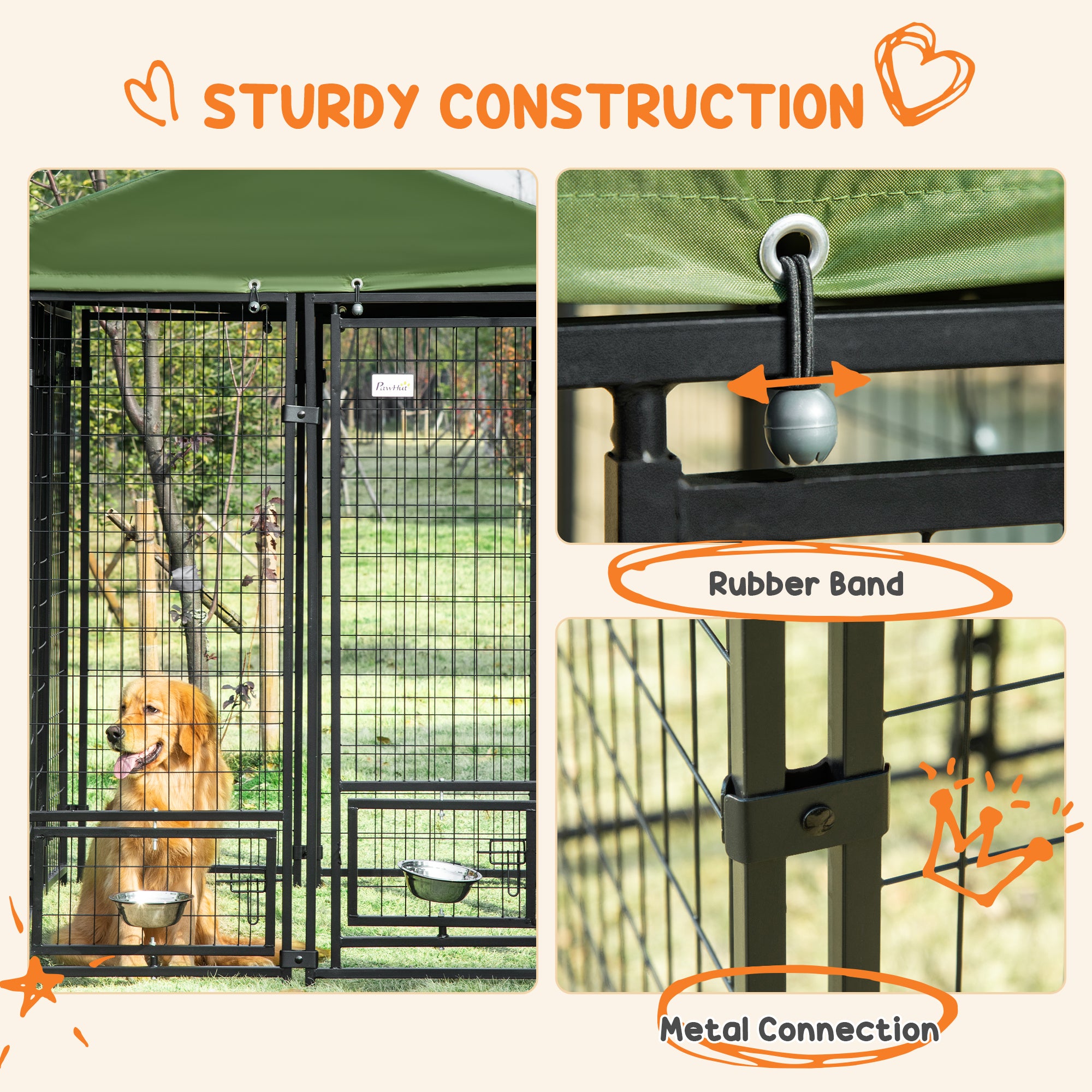 Chenil extérieur pour chien, parc-cage verrouillable pour animaux, clôture en acier à fils soudés, supports de bols rotatifs, vert