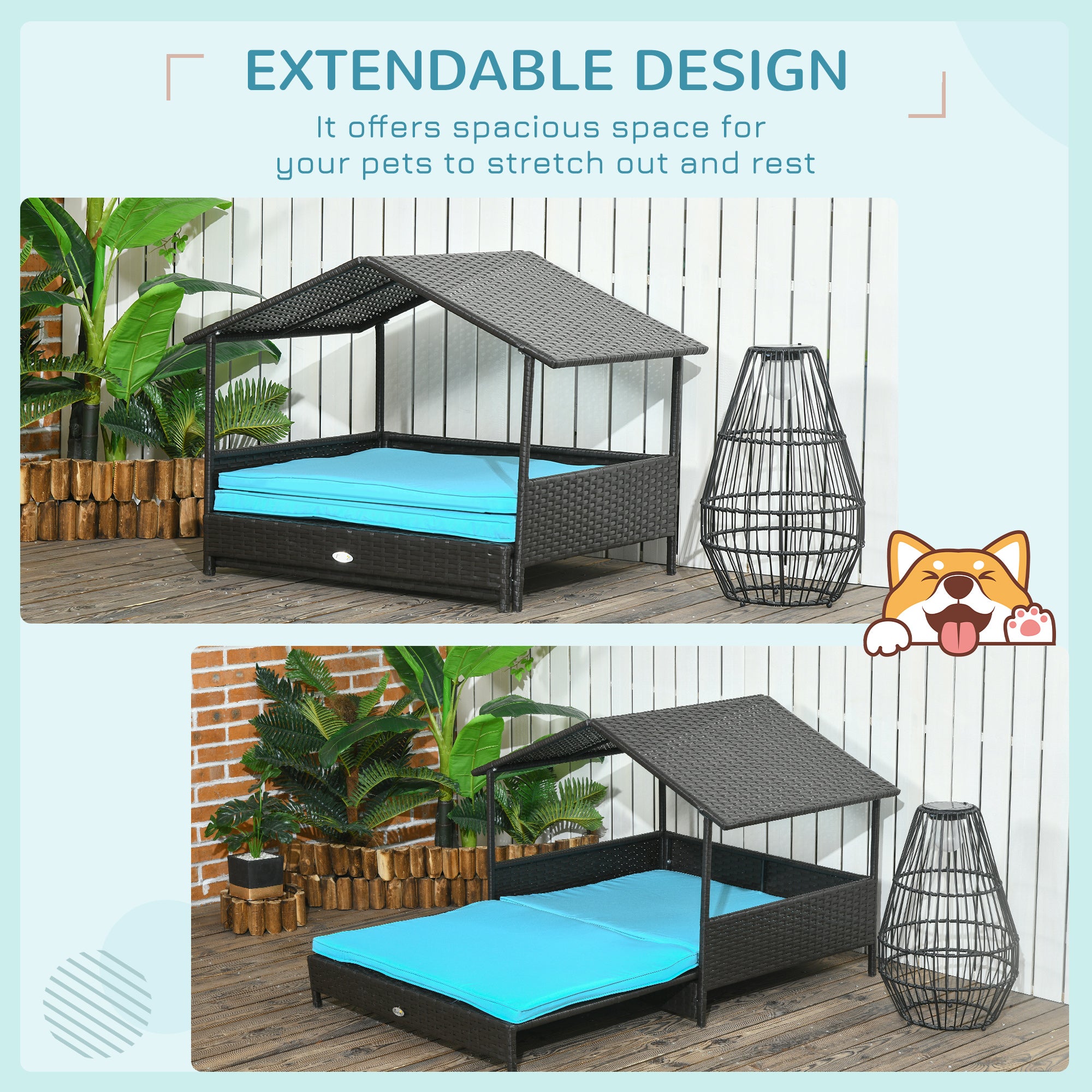 Niche pour chien en rotin avec auvent, panier pour chien en osier avec coussin résistant à l’eau, pour petites et moyennes races, bleu