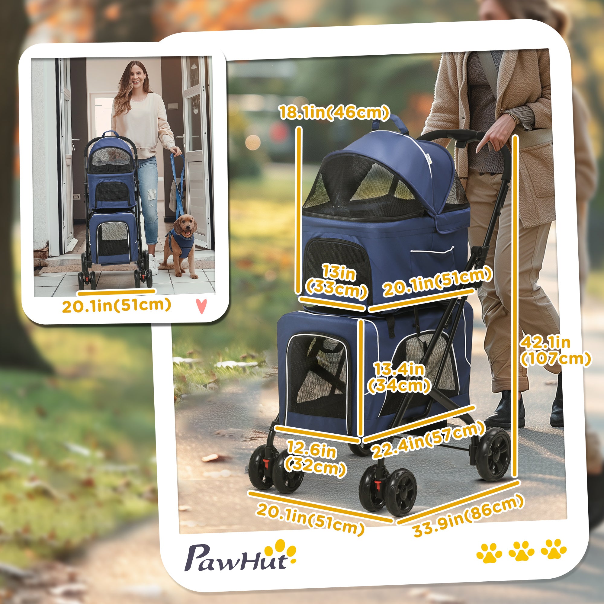 Poussette double 3-en-1 pour petits chiens miniatures et chats, avec sac de transport amovible et pliable, siège auto, bleu