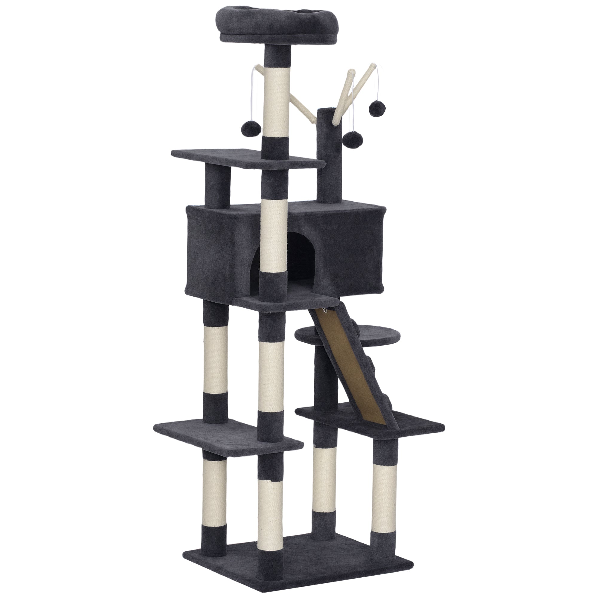 59 Inch Large Cat Tree with Sisal Scratching Posts, Cozy Condo, Top Perch, Ladder and Interactive Balls, Dark Grey