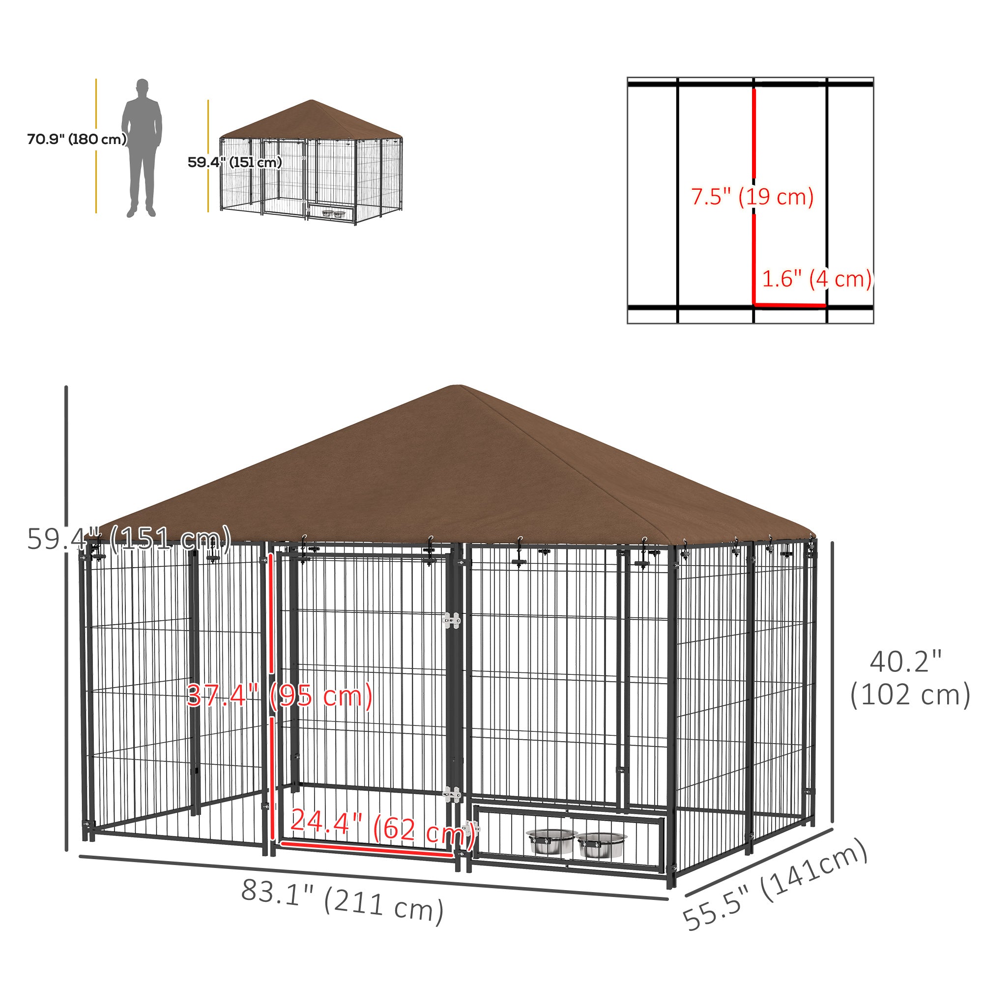 6,9' x 4,6' x 5' Chenil extérieur pour chien avec auvent, gamelles rotatives, café