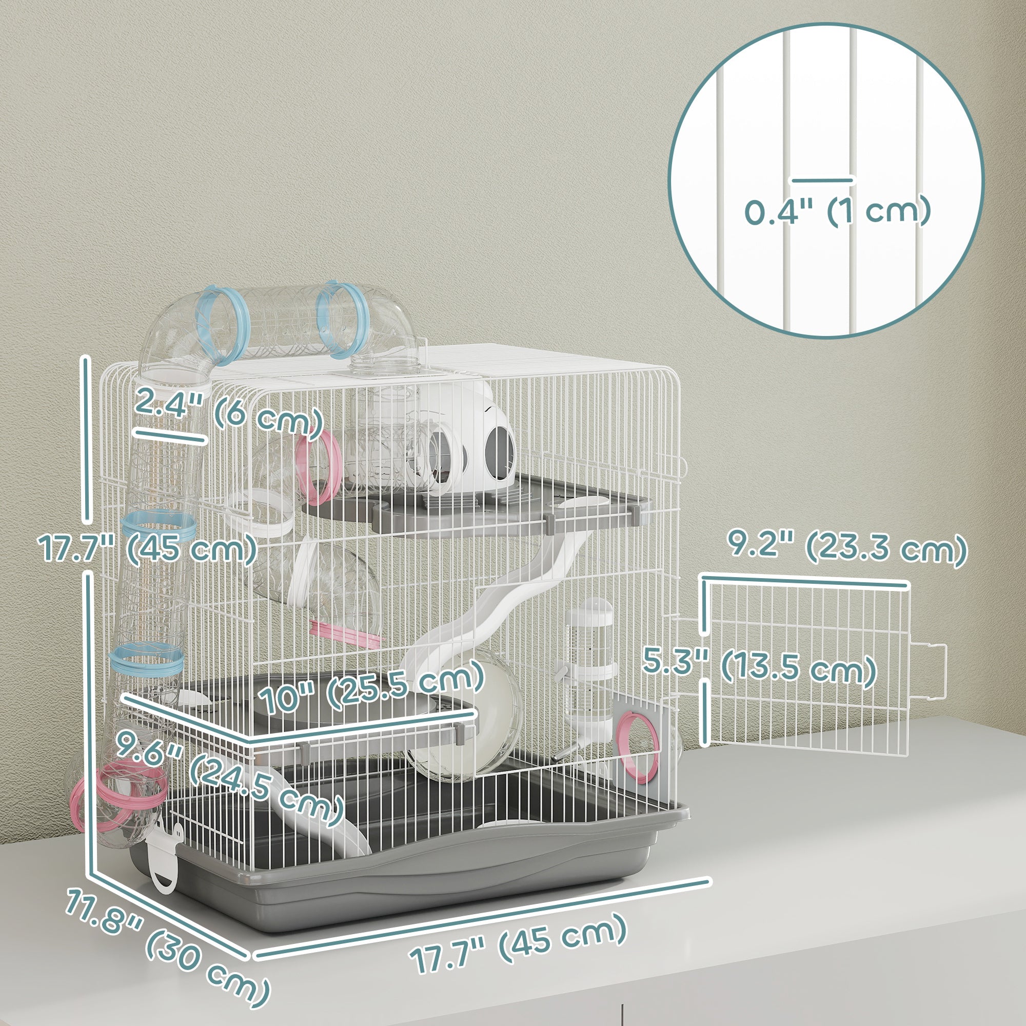 3-Tier Hamster Cage, Portable Gerbil Cage with Exercise Wheels, Water Bottle, Food Dish, for Dwarf Hamsters, Mouse, Grey