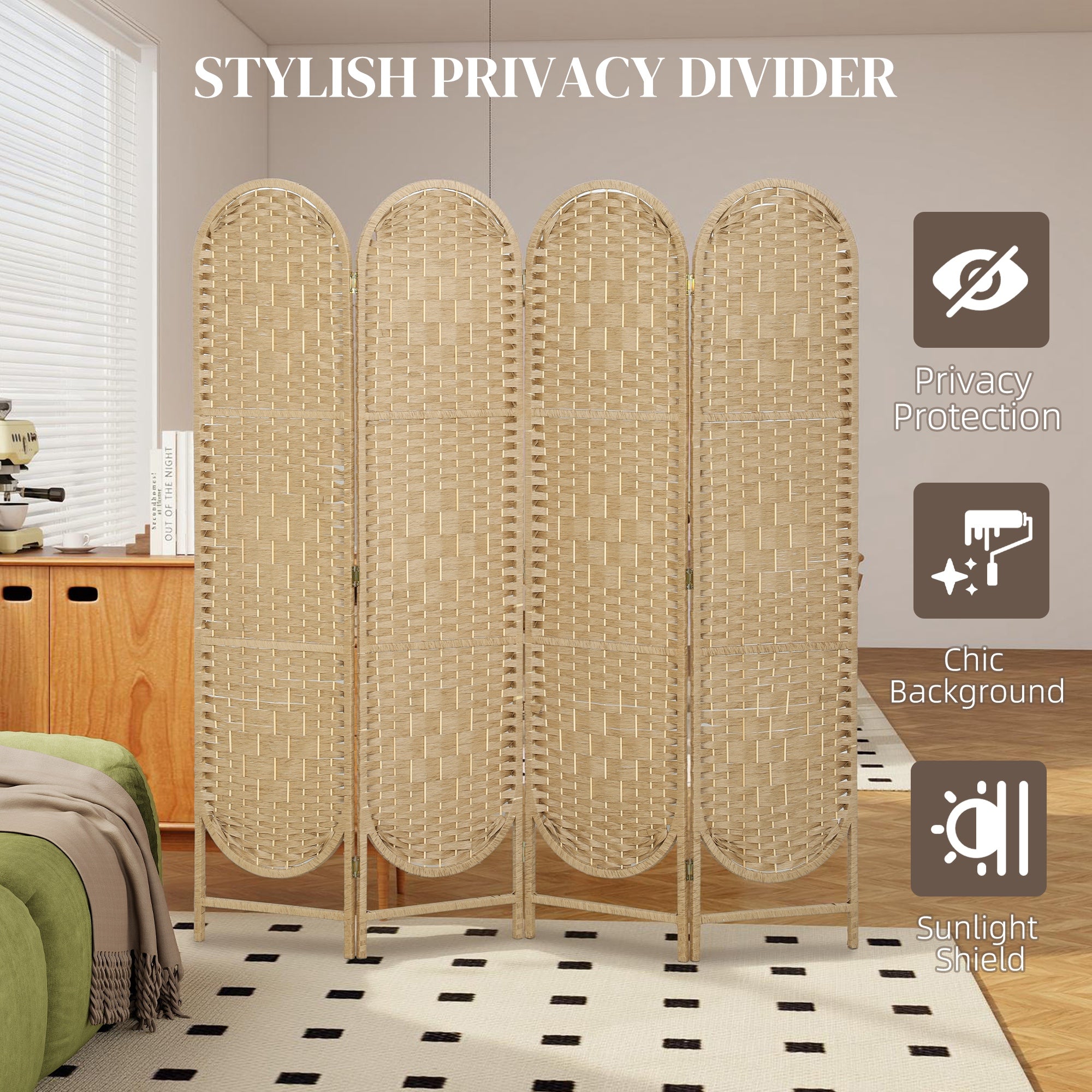 Bohemian Privacy Screen, Folding Room Divider with 4 Panels and Arched Top for Bedroom Living Room Office, Natural Wood