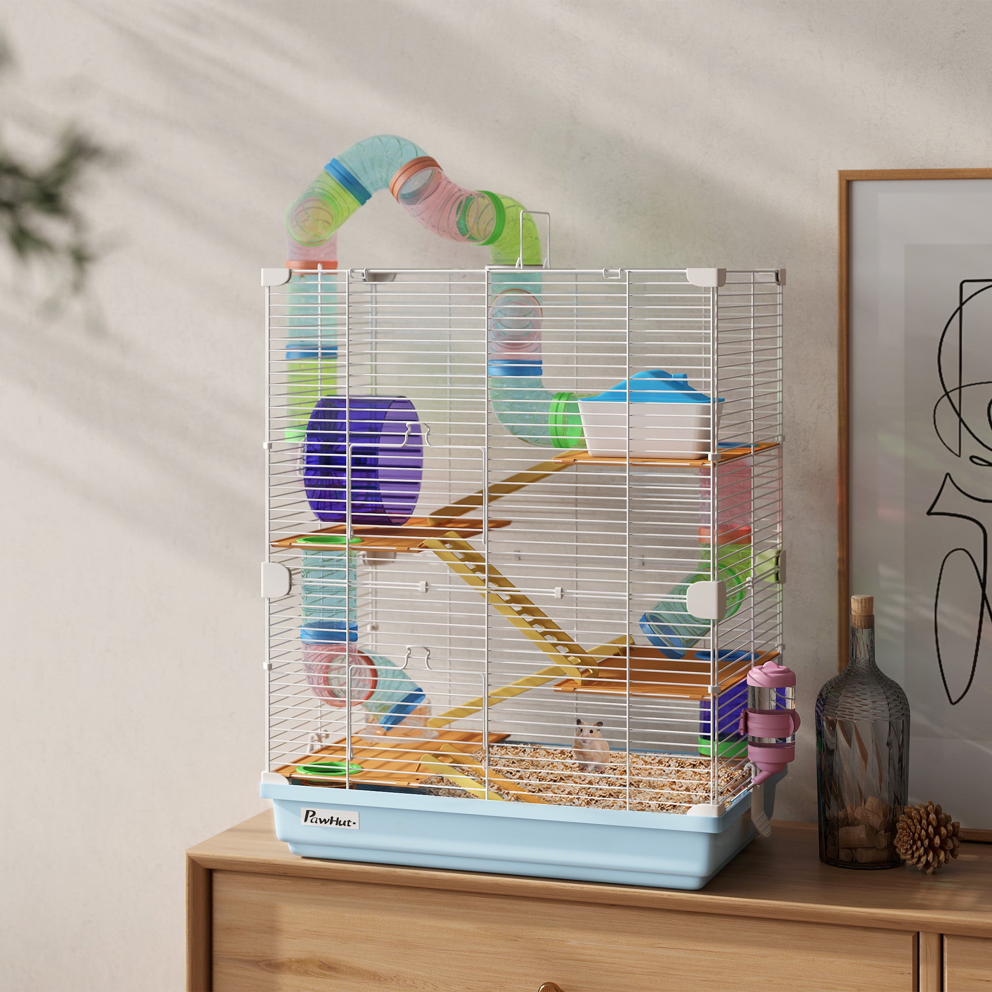 5 Tiers Hamster Cage Portable with Exercise Wheels Play Tube Water Bottle Dishes House Ladder for Gerbils, Light Blue