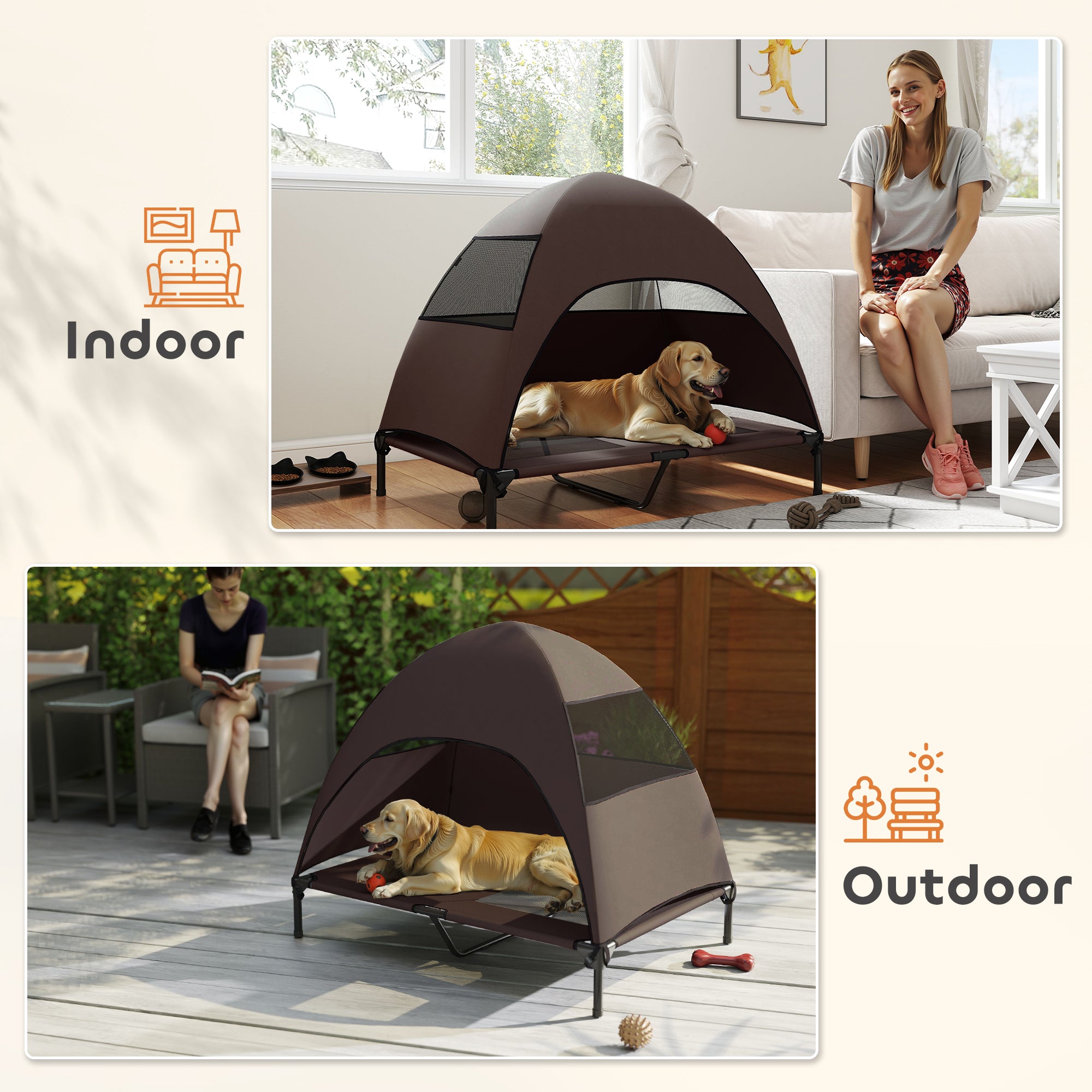 Elevated Dog Bed with Canopy Raised Dog Bed  Washable Mesh Steel Frame 41.7" x 29.9" x 39" Coffee
