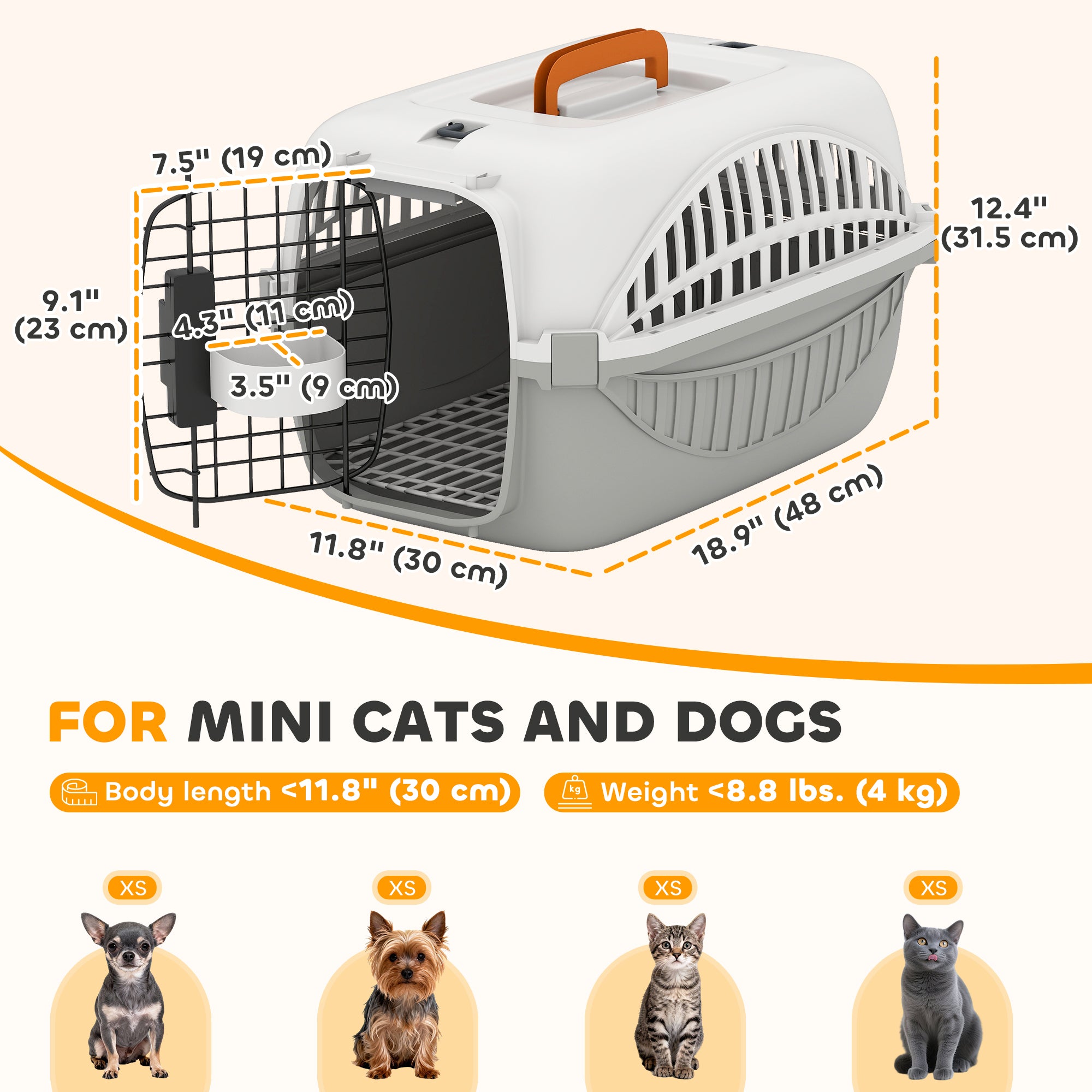 Airline Approved Pet Carrier for Mini Dogs and Cats with Steel Wire Door, Water Bowl, for Car, Airplane, Outdoor