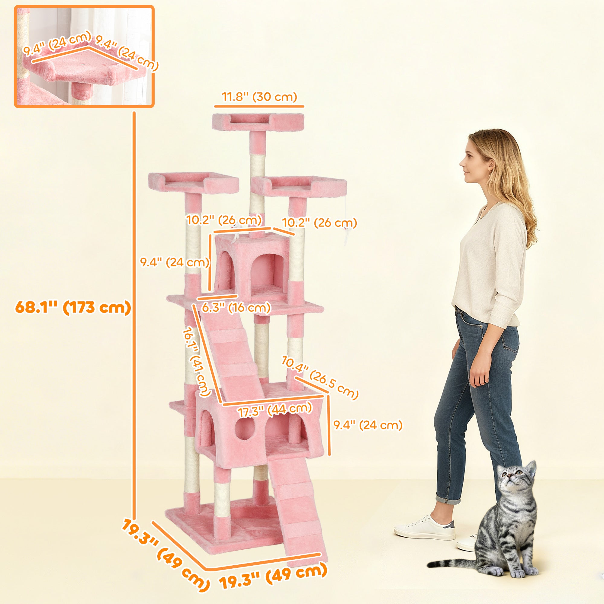 68-inch Multi-Level Cat Scratching Tree Kitty Activity Center Post Tower Condo Pet Furniture w/ Toy Pink