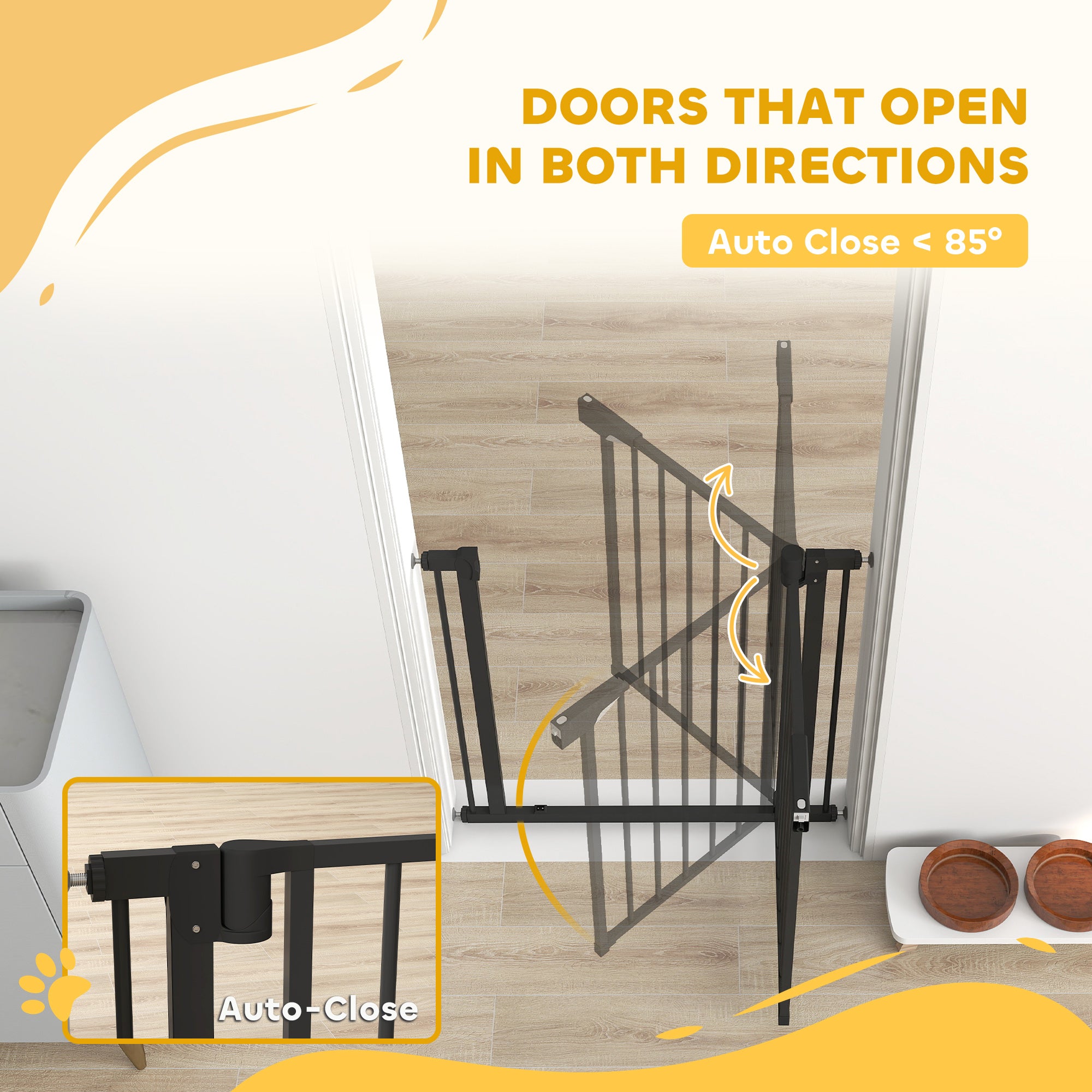 Baby Gate, Pet Safety Gate Pressure Fit, 30"-32" Wide with Two-Way Open, Auto-Close for Stair, Doorways, Hallways, Black