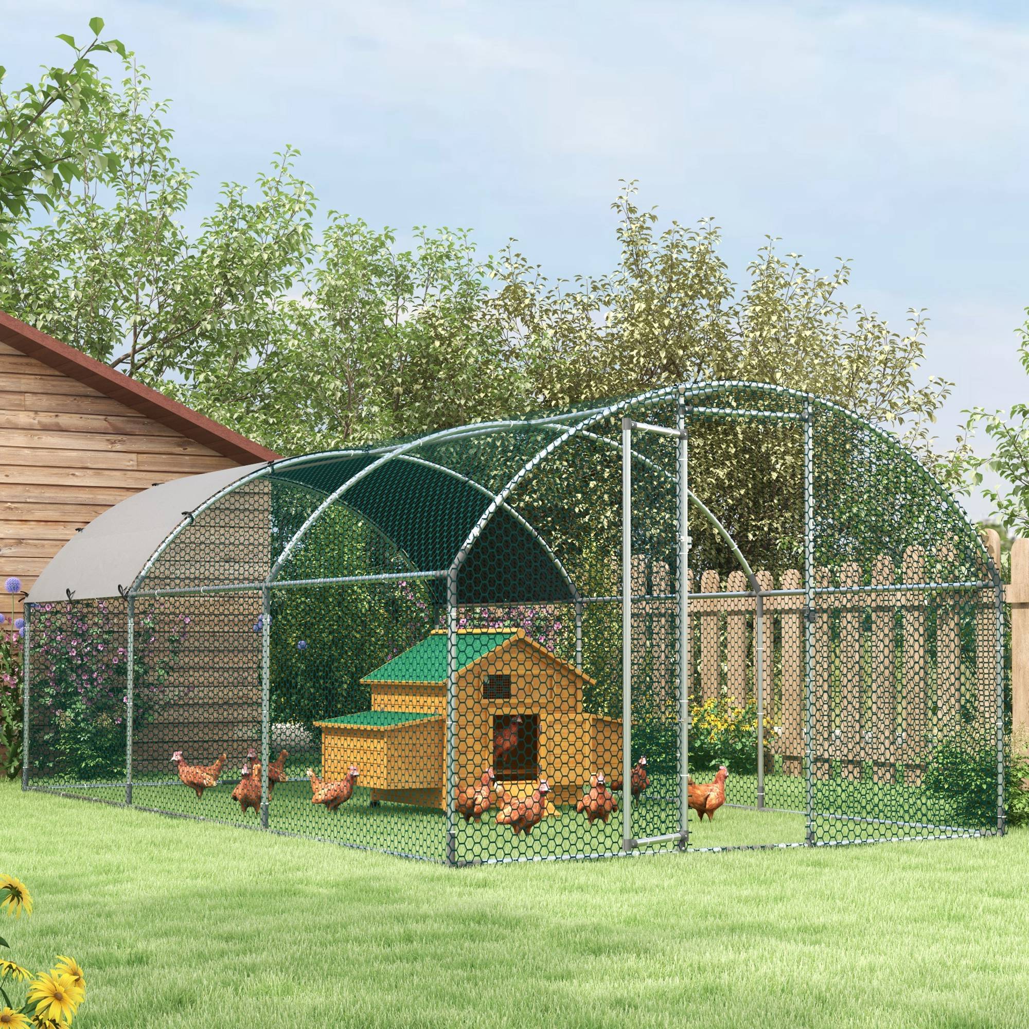 Grand enclos-cage métallique galvanisé pour poules, avec accès intérieur, parcours pour volailles, poulailler, parc de jeu et clapier pour lapins avec couverture, pour extérieur et jardin, 9,2' x 18,7' x 6,5', argenté