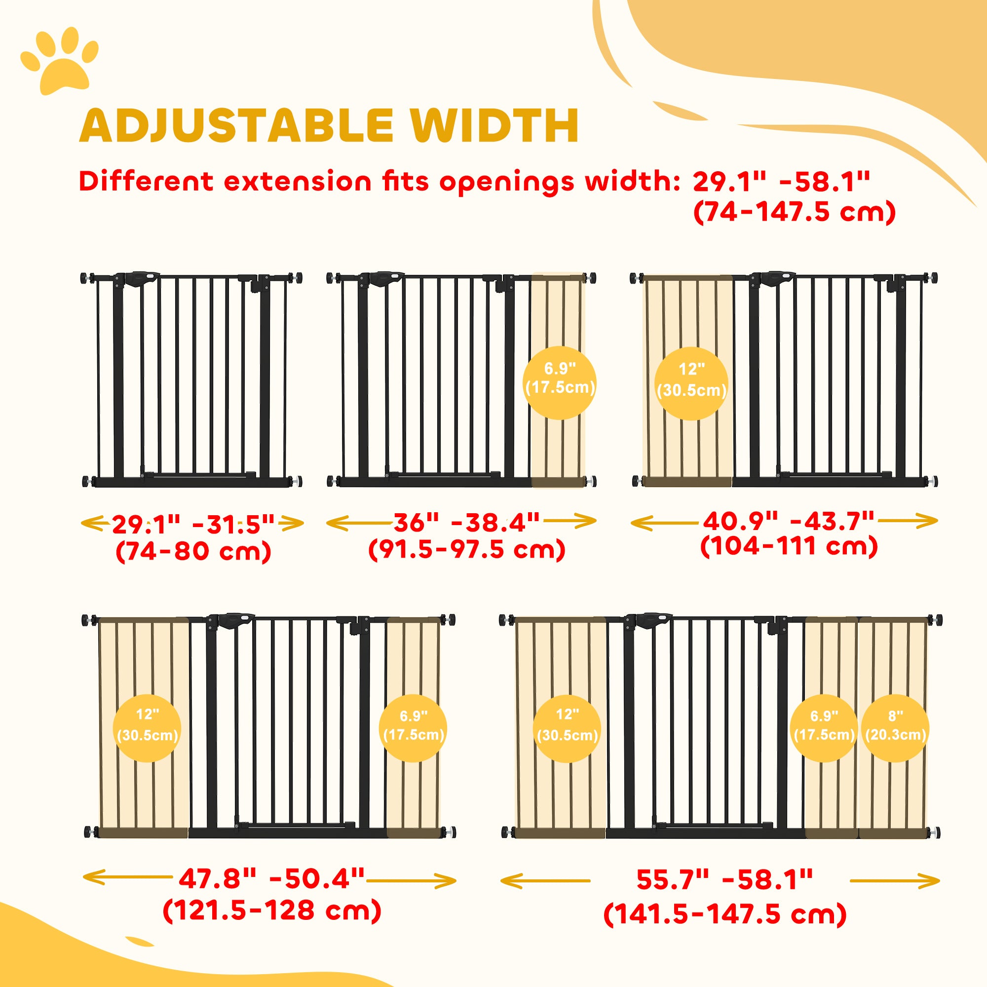 29"-58" Wide Pet Gate with Door Dog Gate and Barrier Indoor for Stairs Includes 7", 8", 12" Extensions Kit, 30 Inch Tall Pressure-Mounted Safety Gate, Black