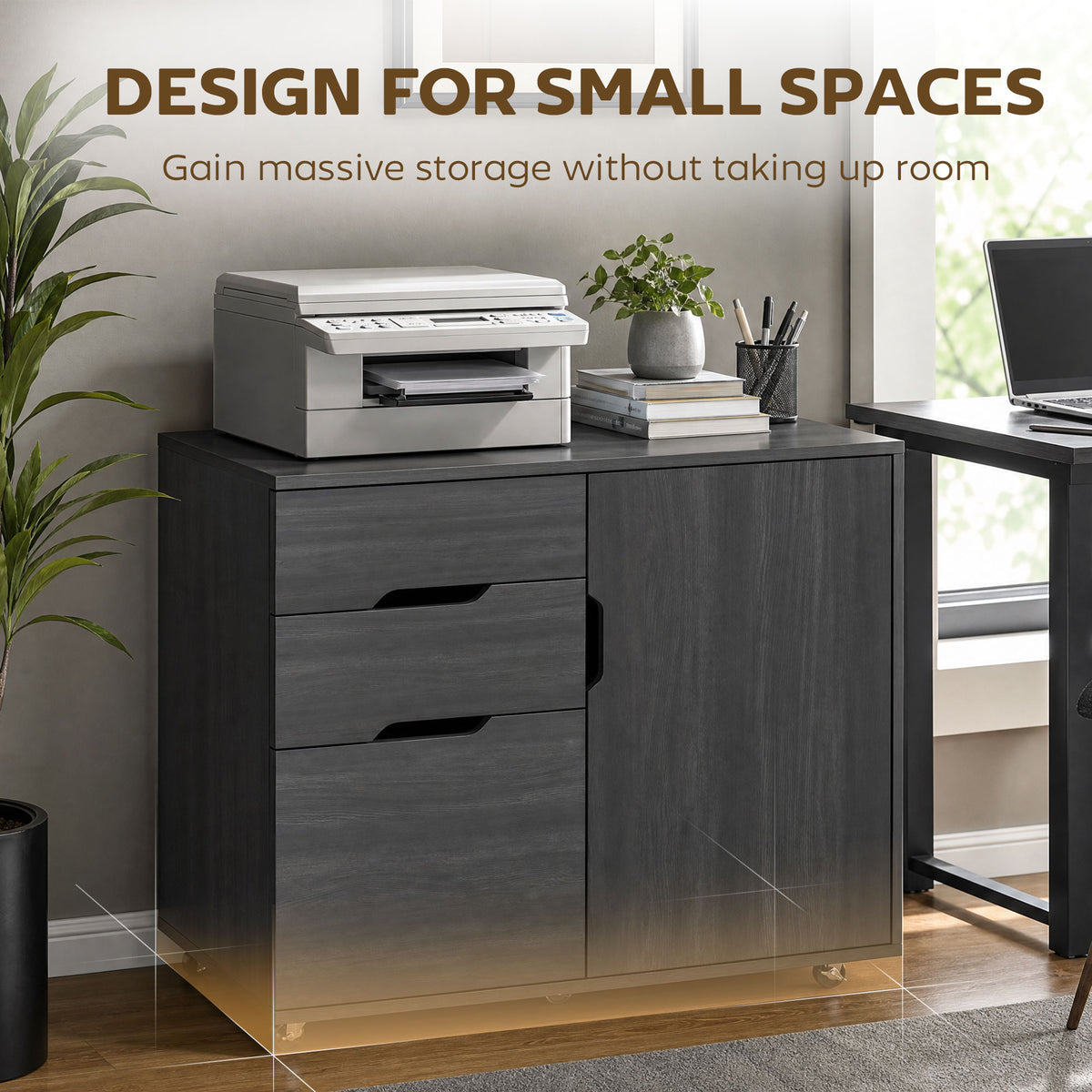 3-Drawer Filing Cabinet with Adjustable Shelf - Black Wood Grain