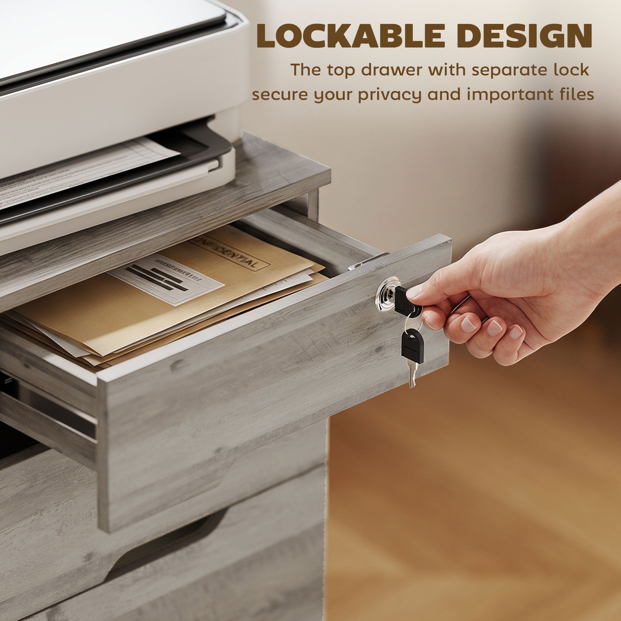 Mobile Filing Cabinet with Power Outlets - Light Gray Brown