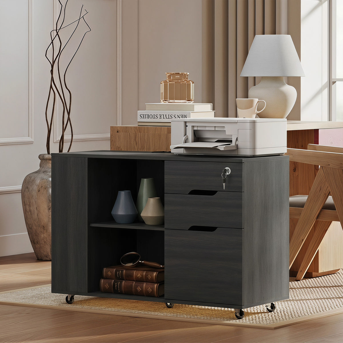 Filing Cabinet with Power Outlets - Black Wood Grain