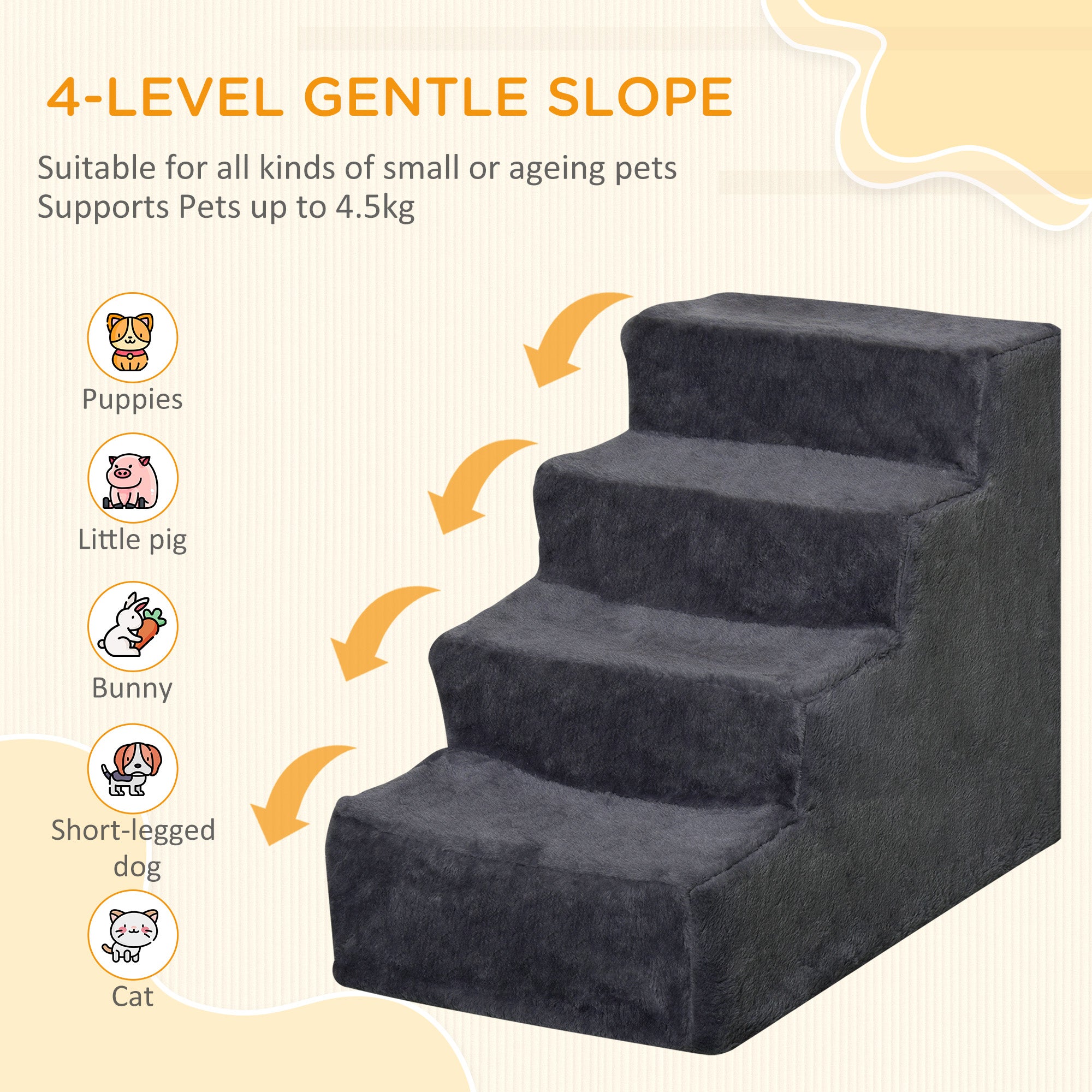 4-Step Dog Ramp for Sofa, Bed, and Couch, with Removable Cover, Dark Grey