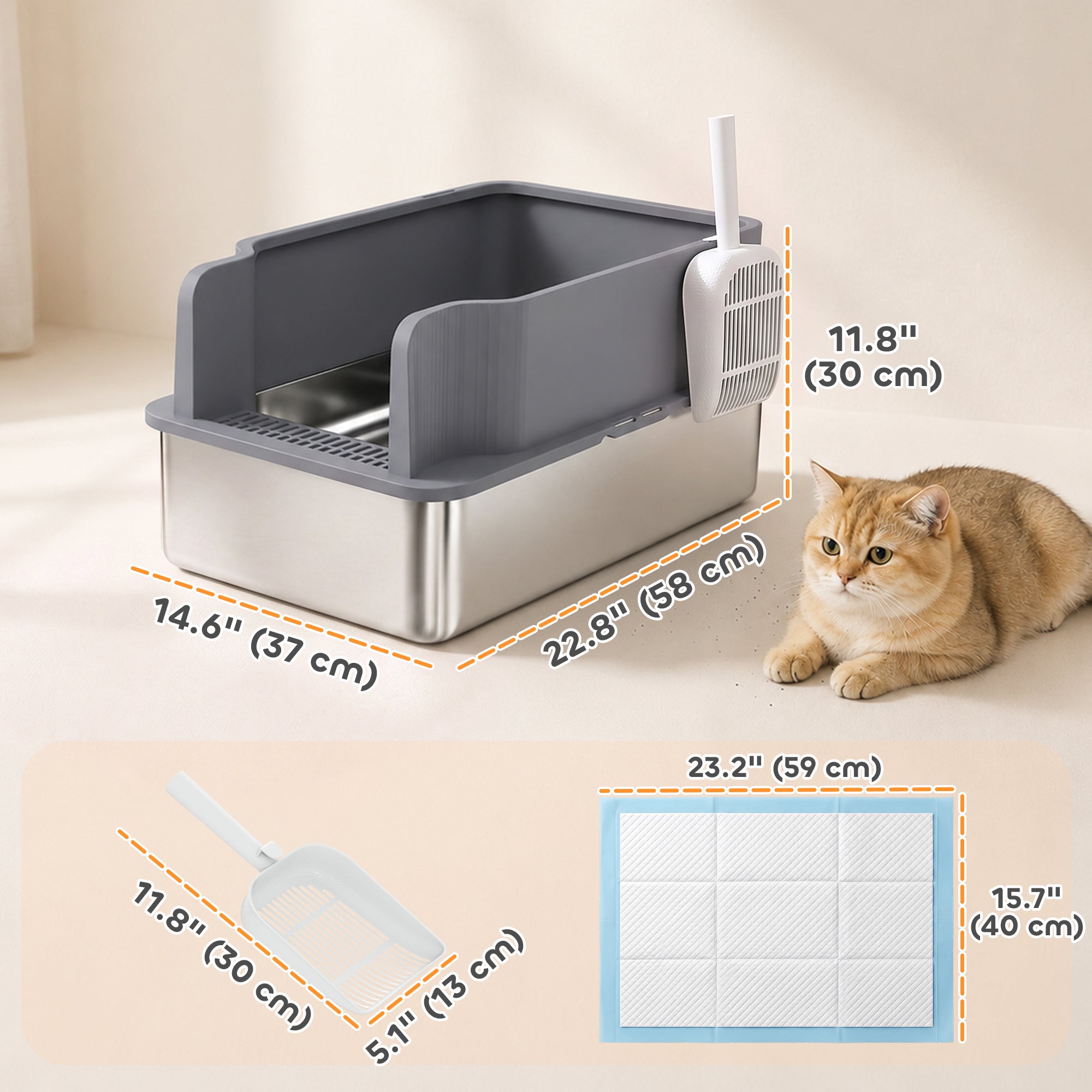 Bac à litière tamis en acier inoxydable pour granulés de pin, à bords hauts, anti-fuite, limitant la dispersion, avec pelle et 10 tapis absorbants inclus