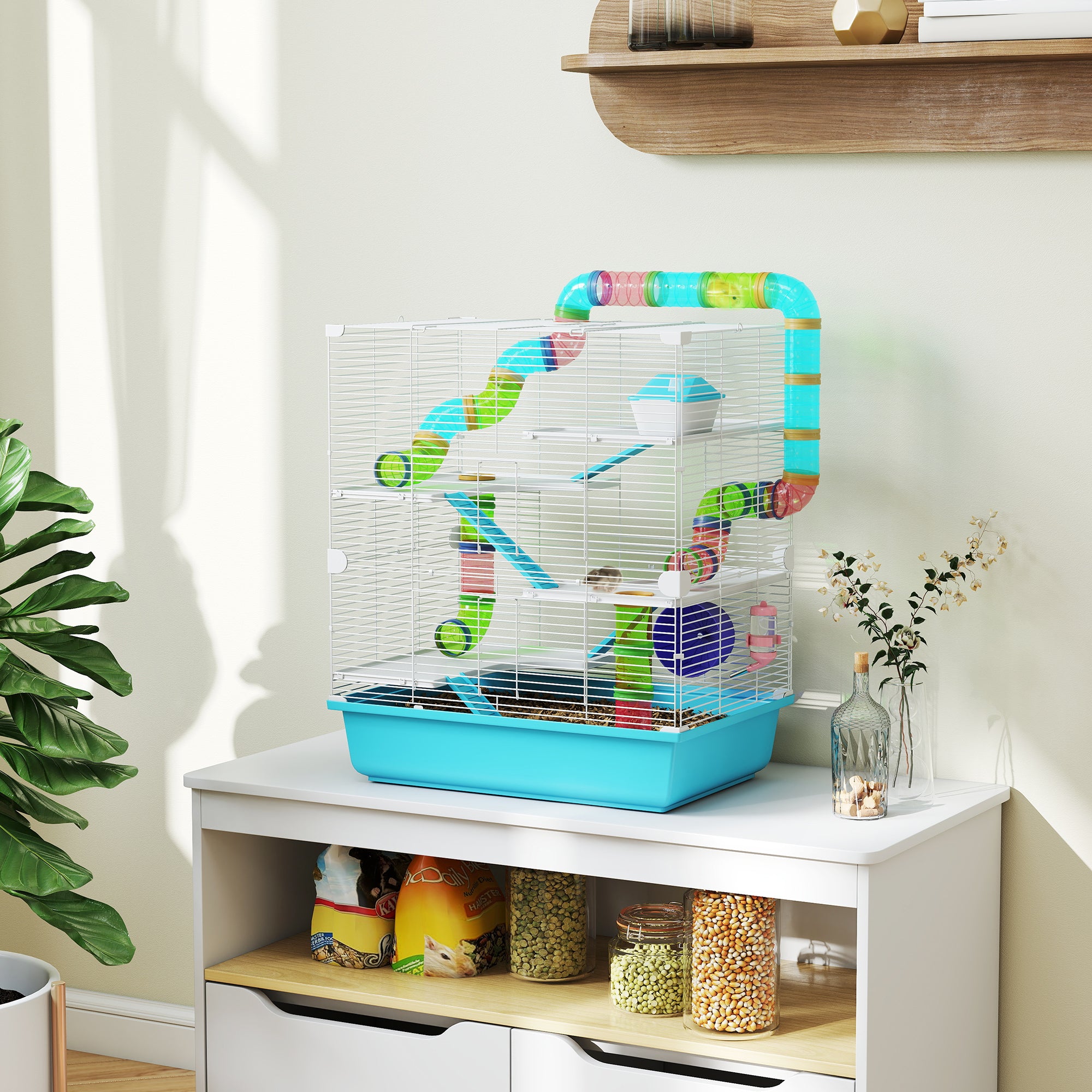 23" Large Hamster Cage, Small Animal House, 5-Level Gerbil Haven, Tunnel Tube System, with Water Bottle, Exercise Wheel, Food Dish, Ramps, 2 Doors, Light Blue