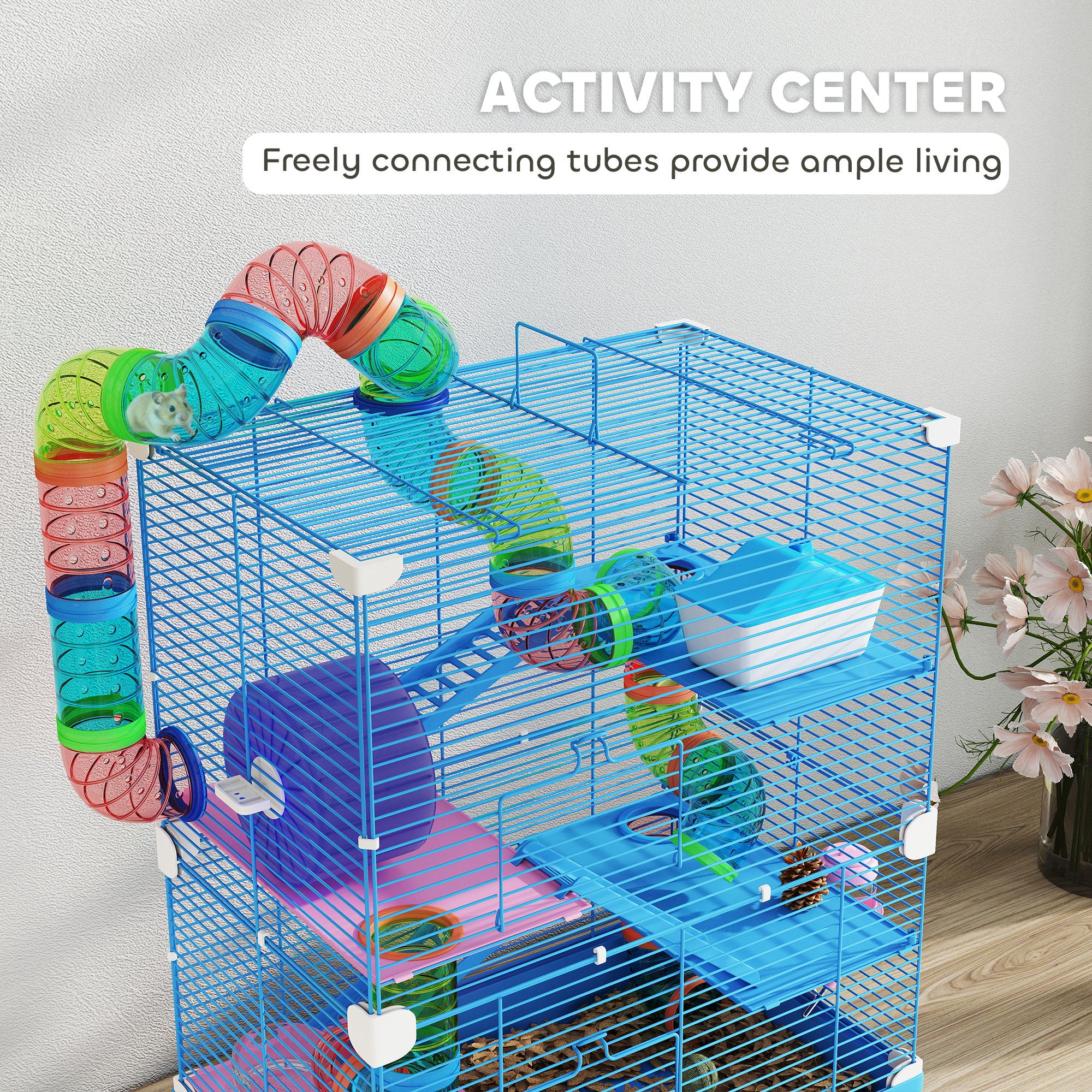 5 Tiers Hamster Cage Portable with Exercise Wheels Play Tube Water Bottle Dishes House Ladder for Gerbils, Dark Blue