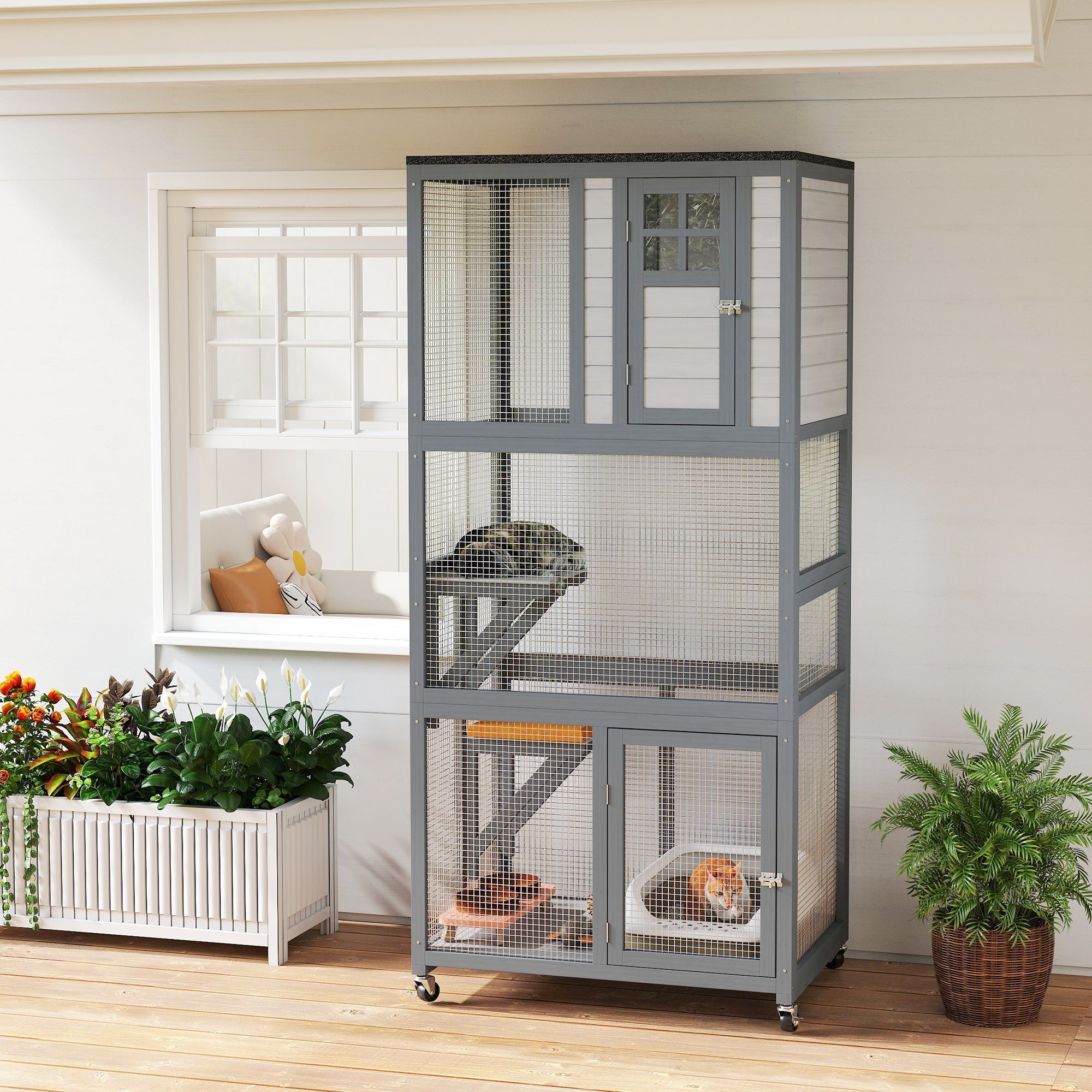 74" Wooden Outdoor Cat House Weatherproof & Wheeled with High Weight Capacity, Kitten Cage Condo, Light Grey