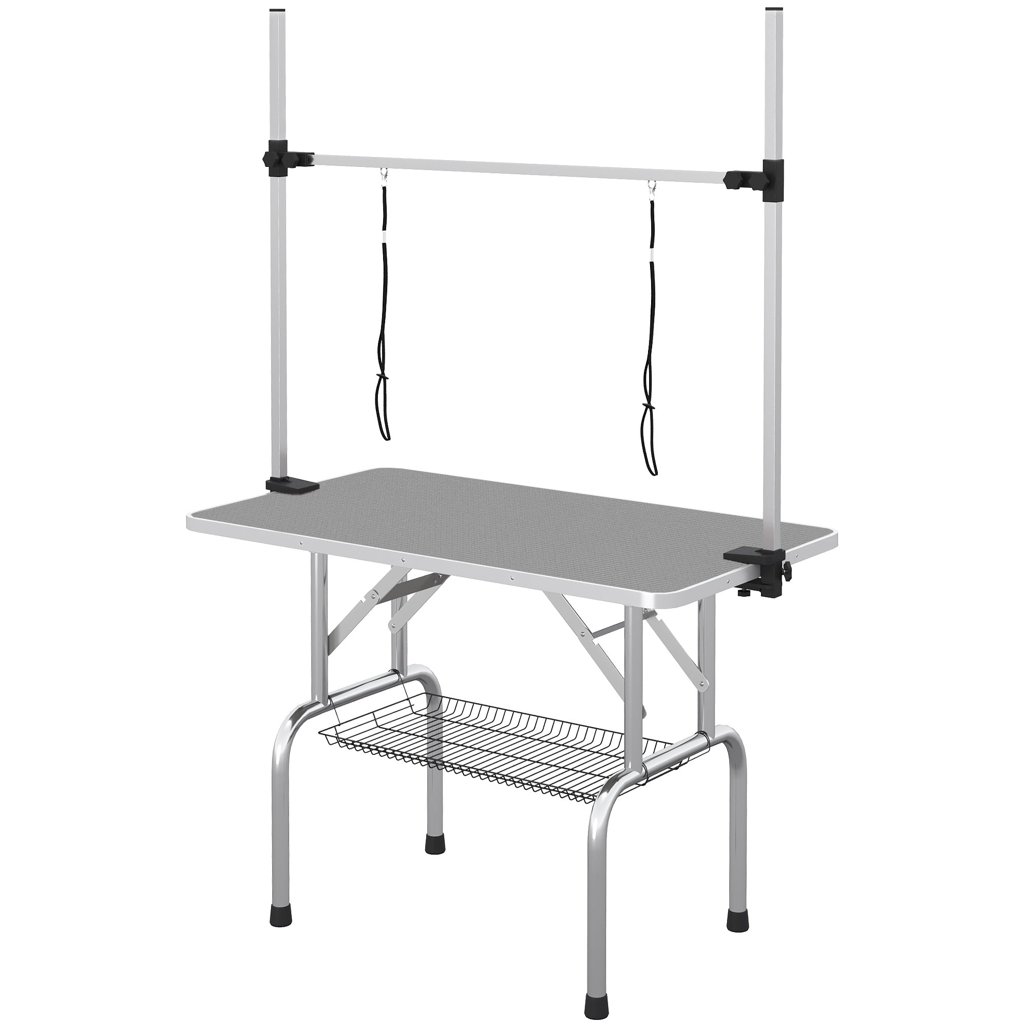 Adjustable Dog Grooming Table with 2 Safety Slings, Storage Basket, Grey