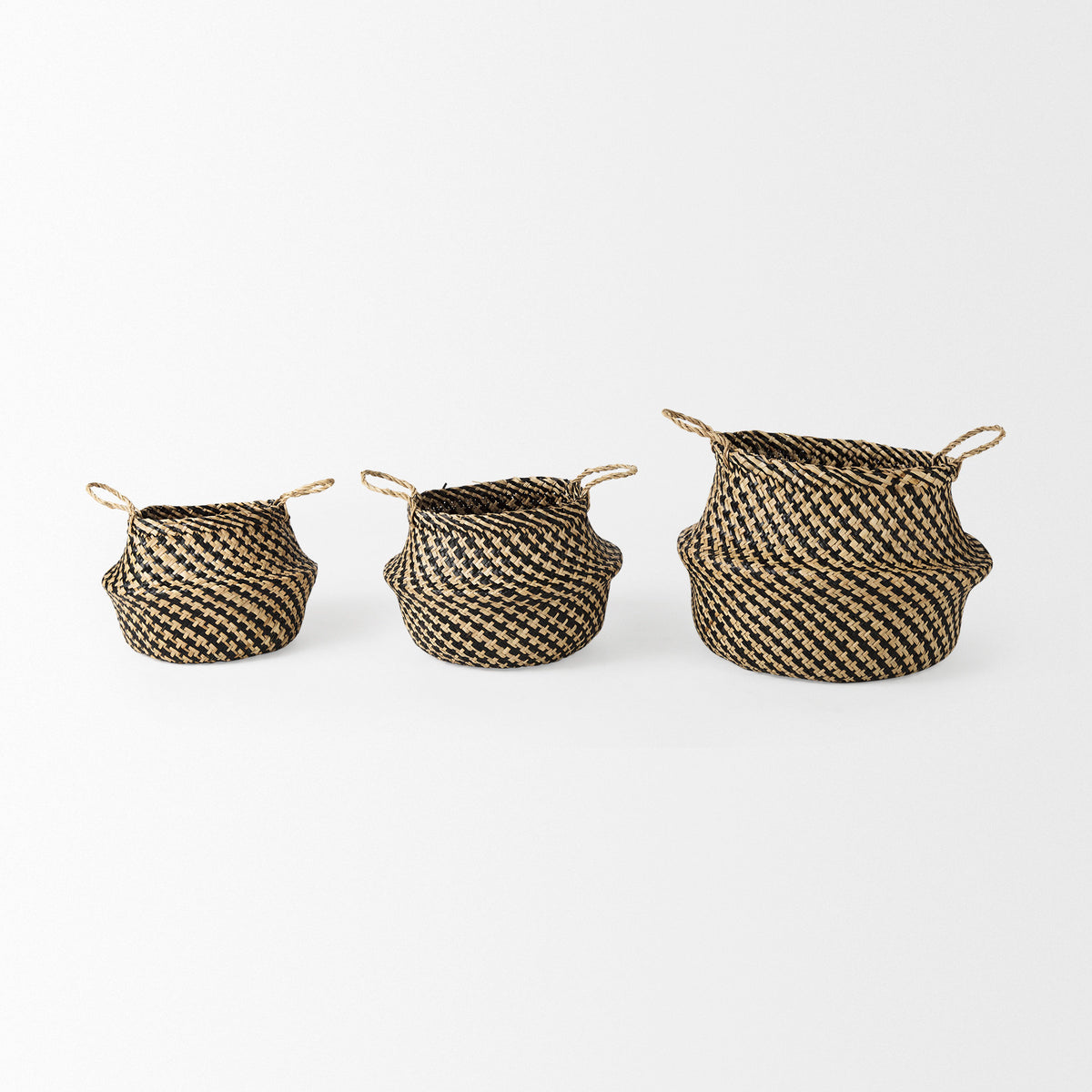Gaia (Set of 3) Light and Dark Brown Cross Patterend Belly Seagrass Basket-Decorative Baskets-DECOROLALA