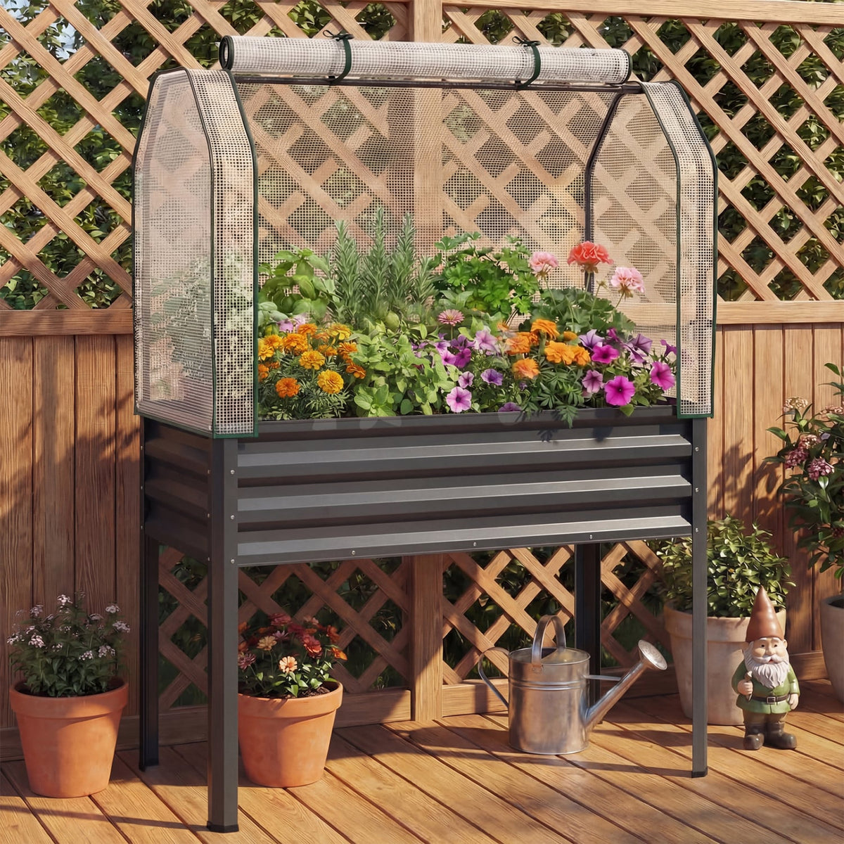 Galvanized Raised Garden Bed with Legs and Greenhouse Cover for Vegetable Flower-Gray-Raised Garden Beds-DECOROLALA