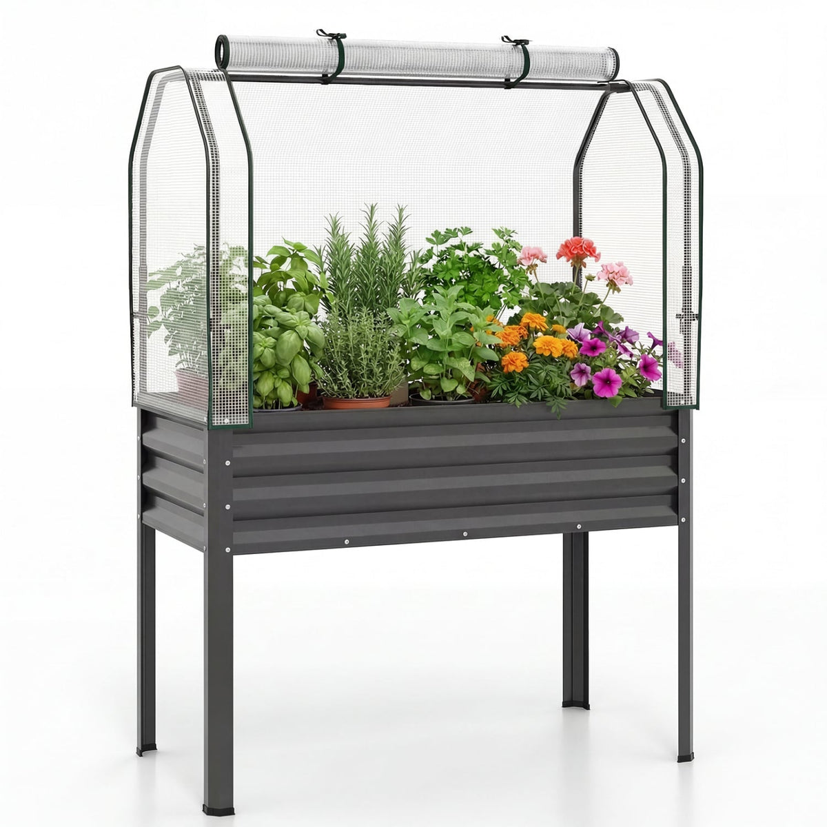 Galvanized Raised Garden Bed with Legs and Greenhouse Cover for Vegetable Flower-Gray-Raised Garden Beds-DECOROLALA
