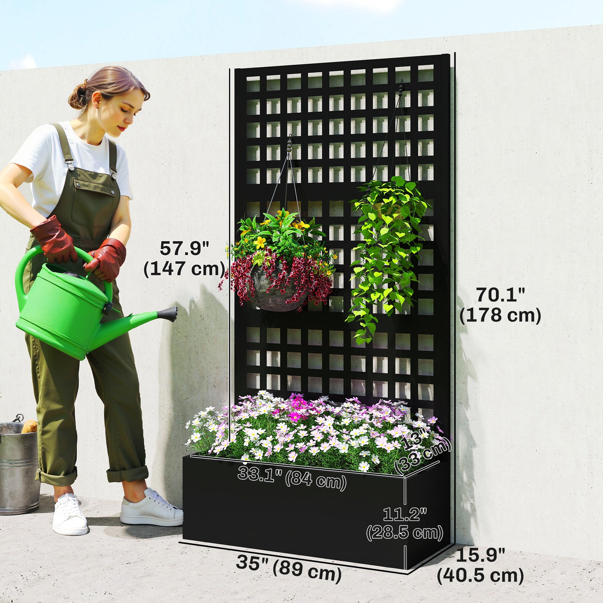 Galvanized Raised Garden Bed with Trellis - Black 35" x 16"-DECOROLALA
