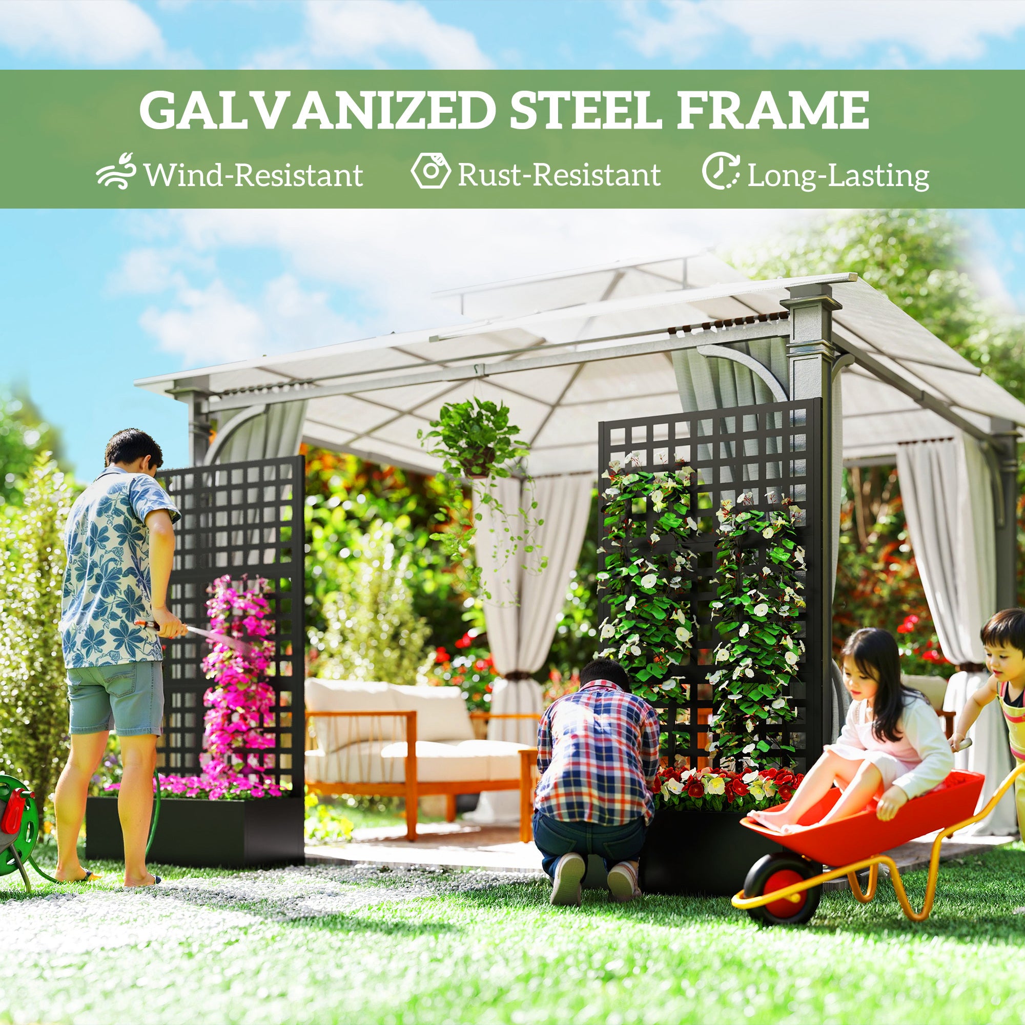 Galvanized Raised Garden Bed with Trellis - Black 35" x 16"-DECOROLALA