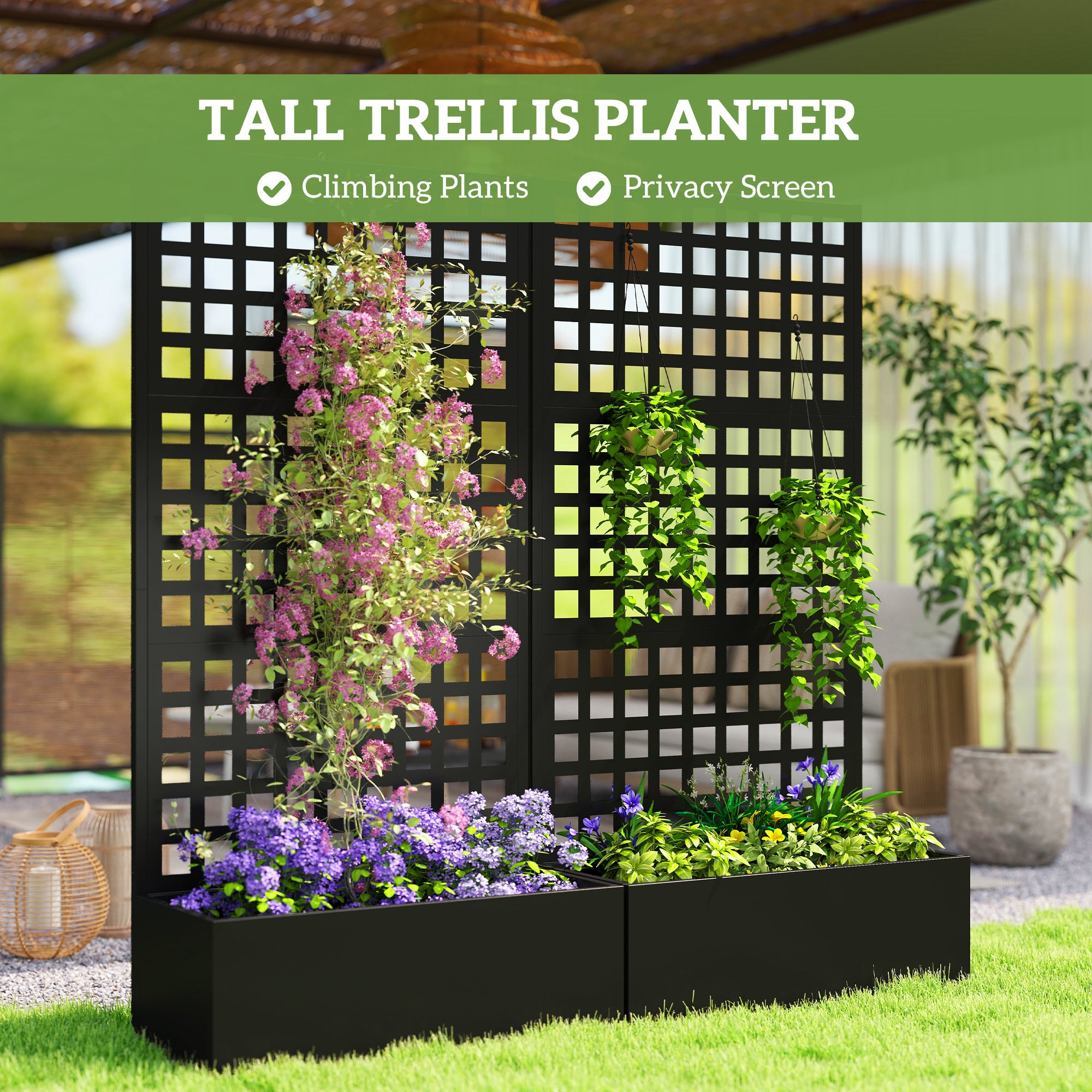 Galvanized Raised Garden Bed with Trellis - Black 35" x 16"-DECOROLALA