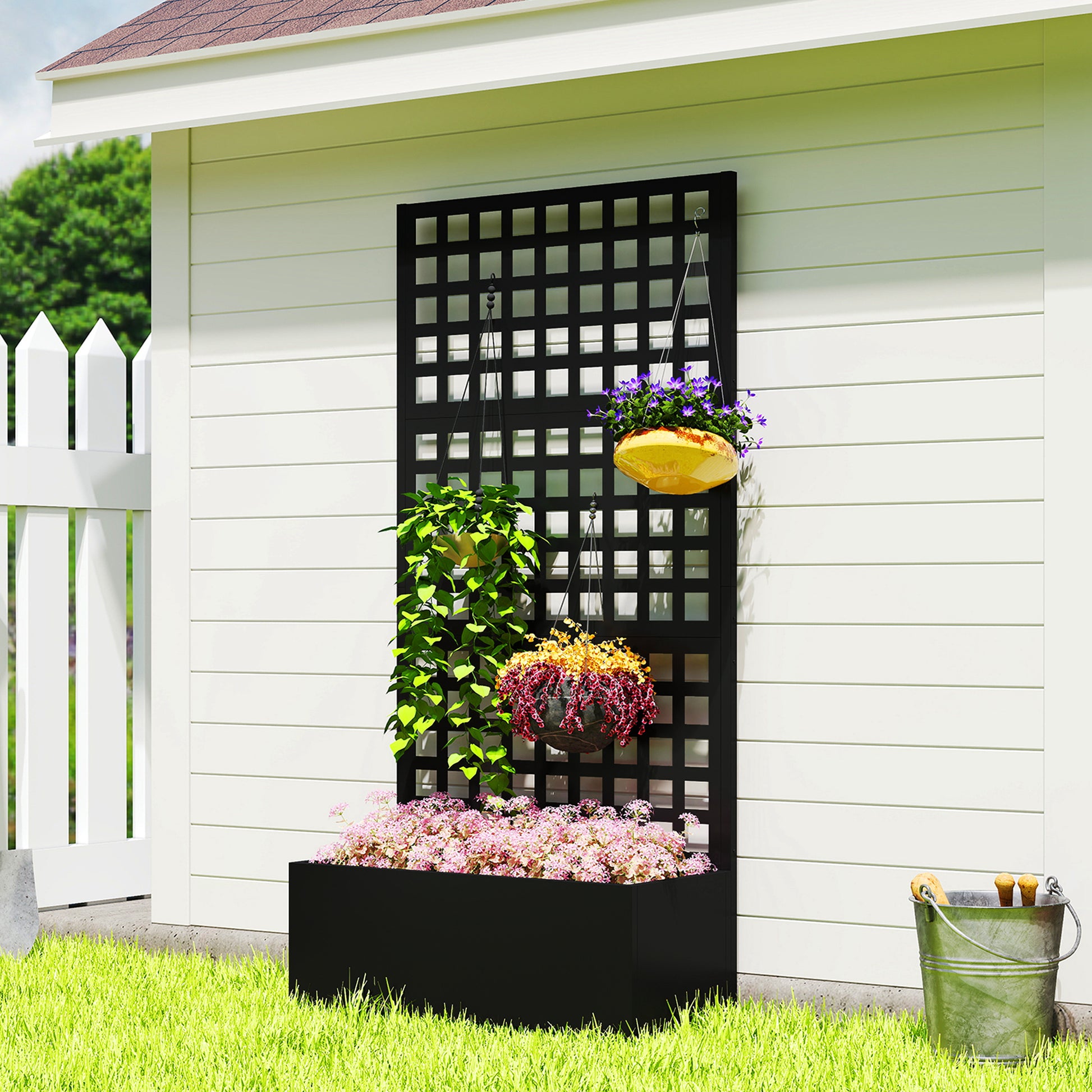 Galvanized Raised Garden Bed with Trellis - Black 35" x 16"-DECOROLALA