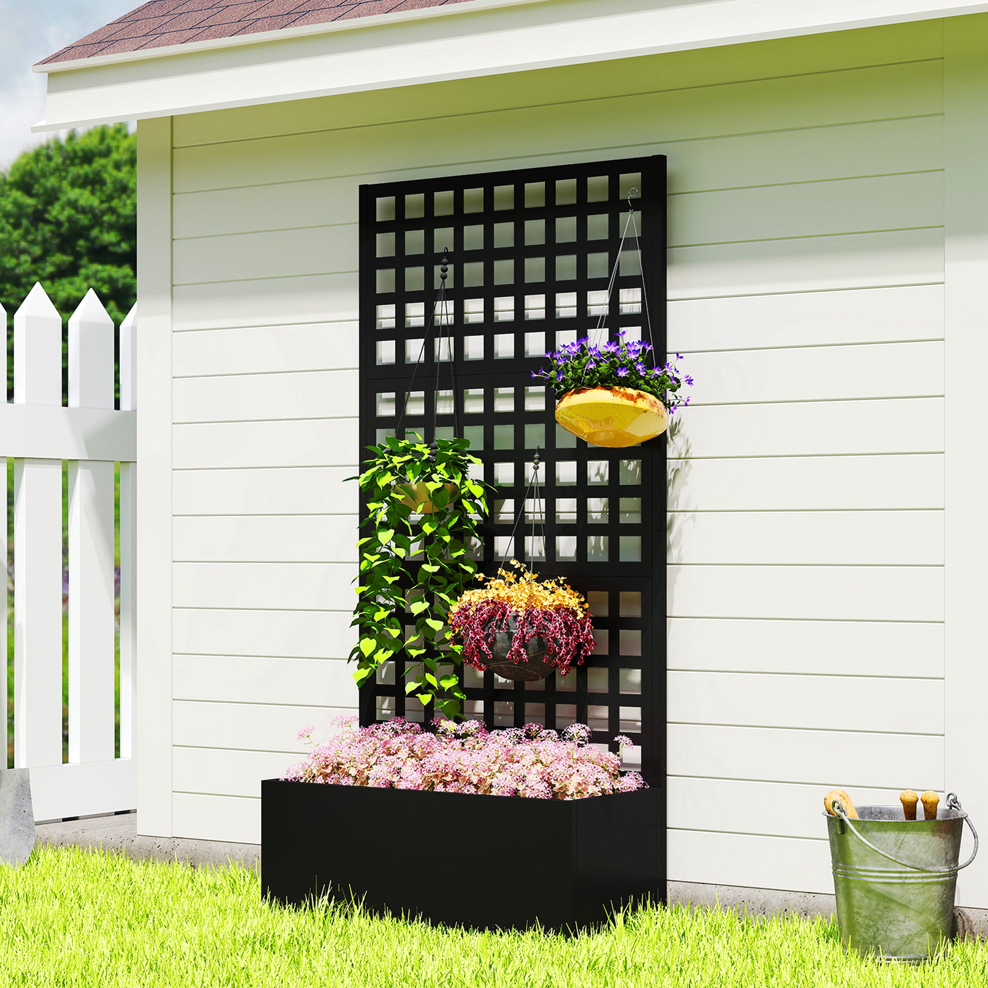 Galvanized Raised Garden Bed with Trellis - Black 35" x 16"-DECOROLALA