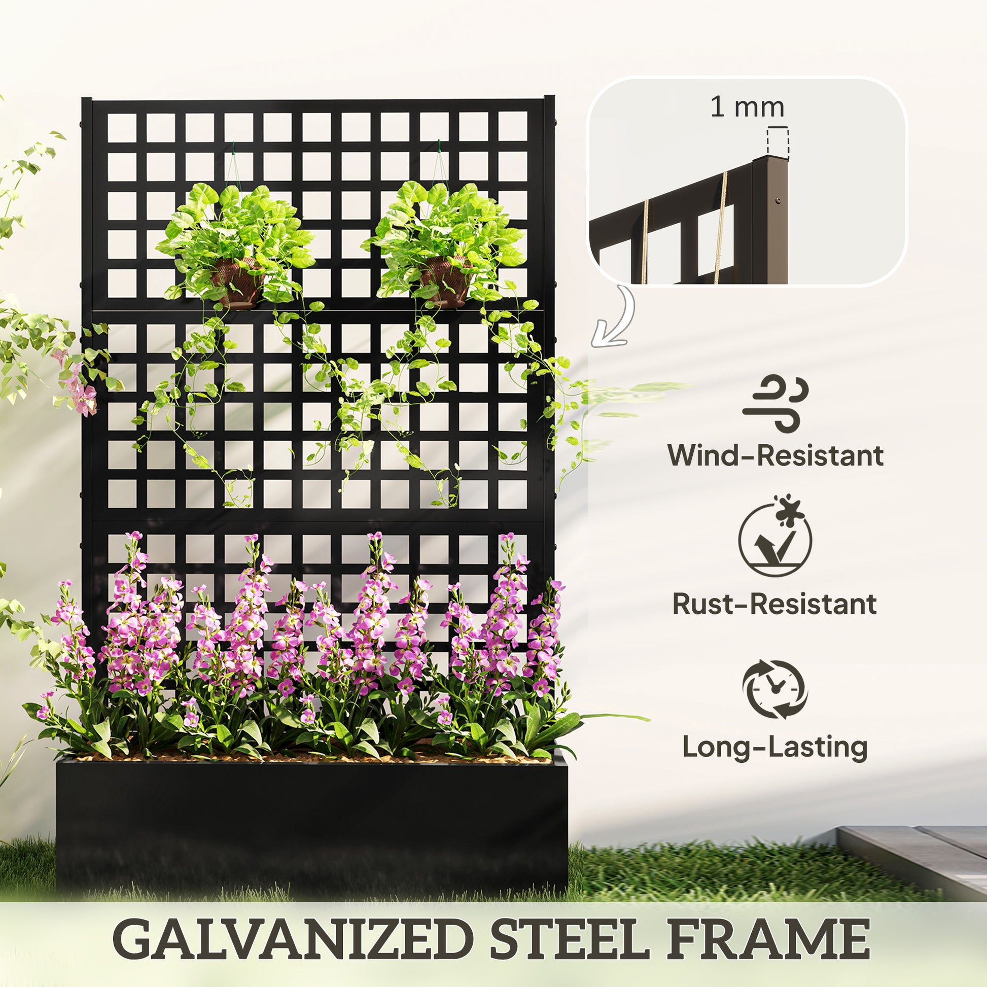 Galvanized Raised Garden Bed with Trellis - Black 43" x 16"-DECOROLALA