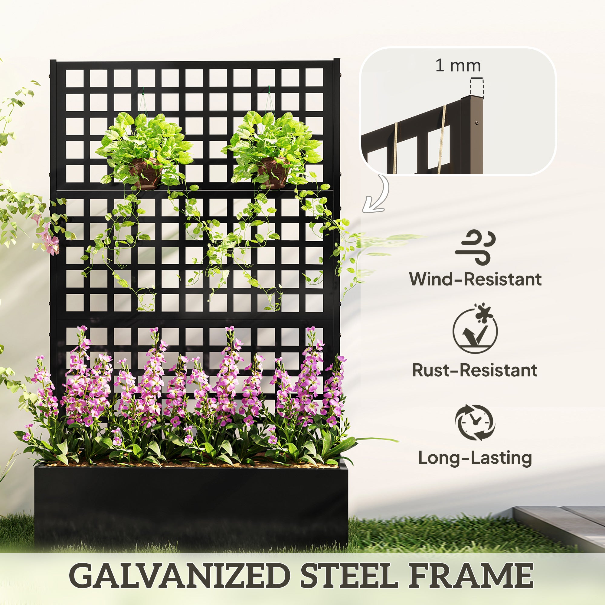 Galvanized Raised Garden Bed with Trellis - Black 43" x 16"-DECOROLALA