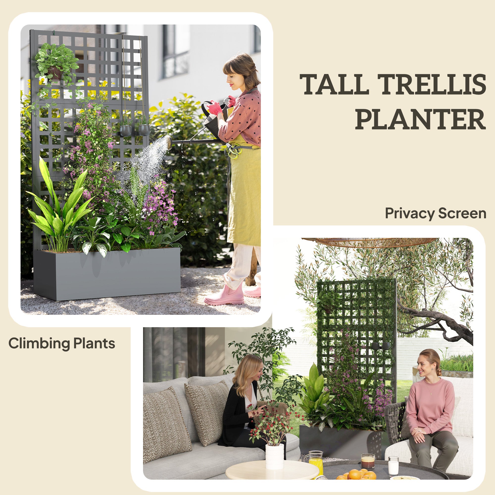 Galvanized Raised Garden Bed with Trellis - Grey Wood Effect-DECOROLALA