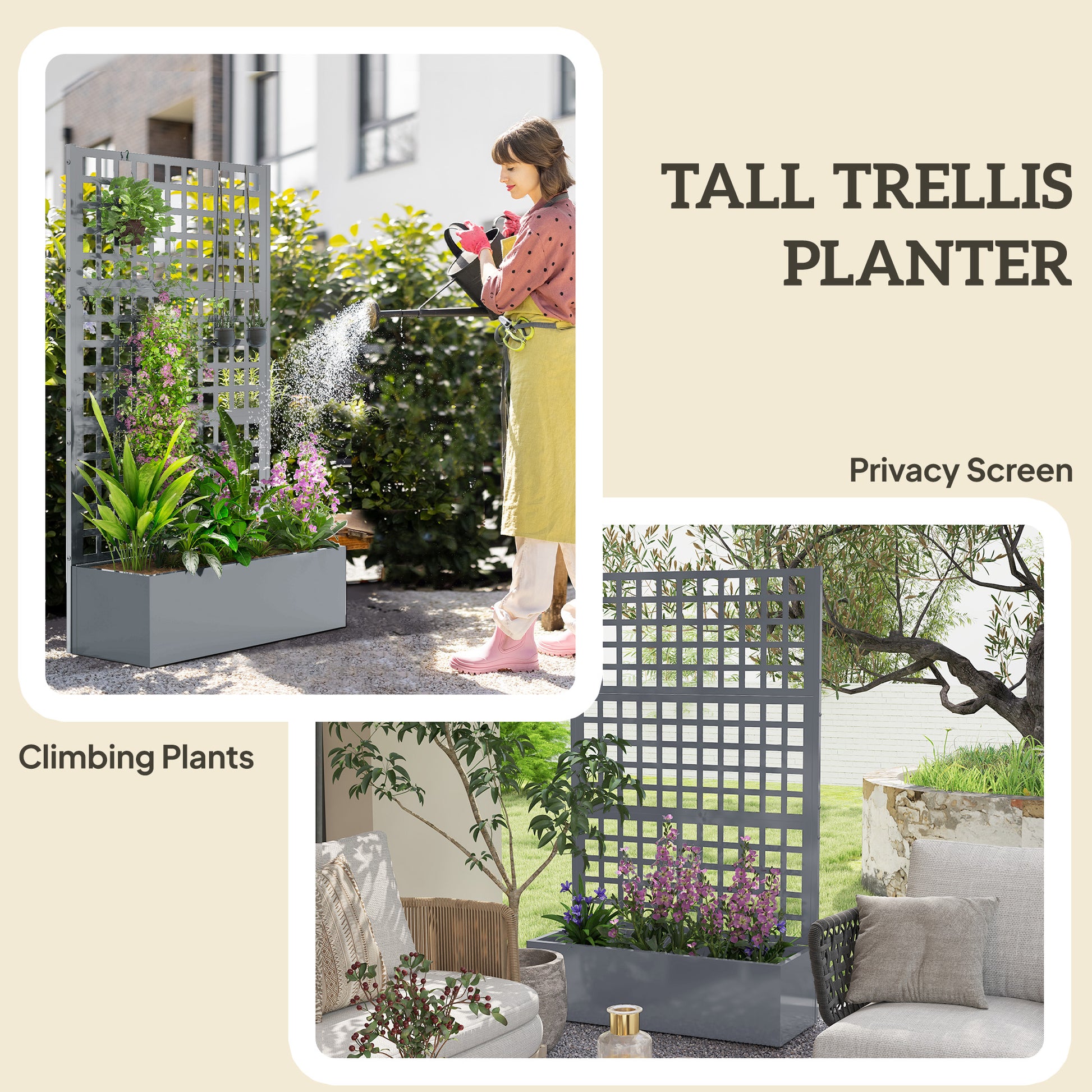 Galvanized Raised Garden Bed with Trellis - Grey Wood Effect-DECOROLALA