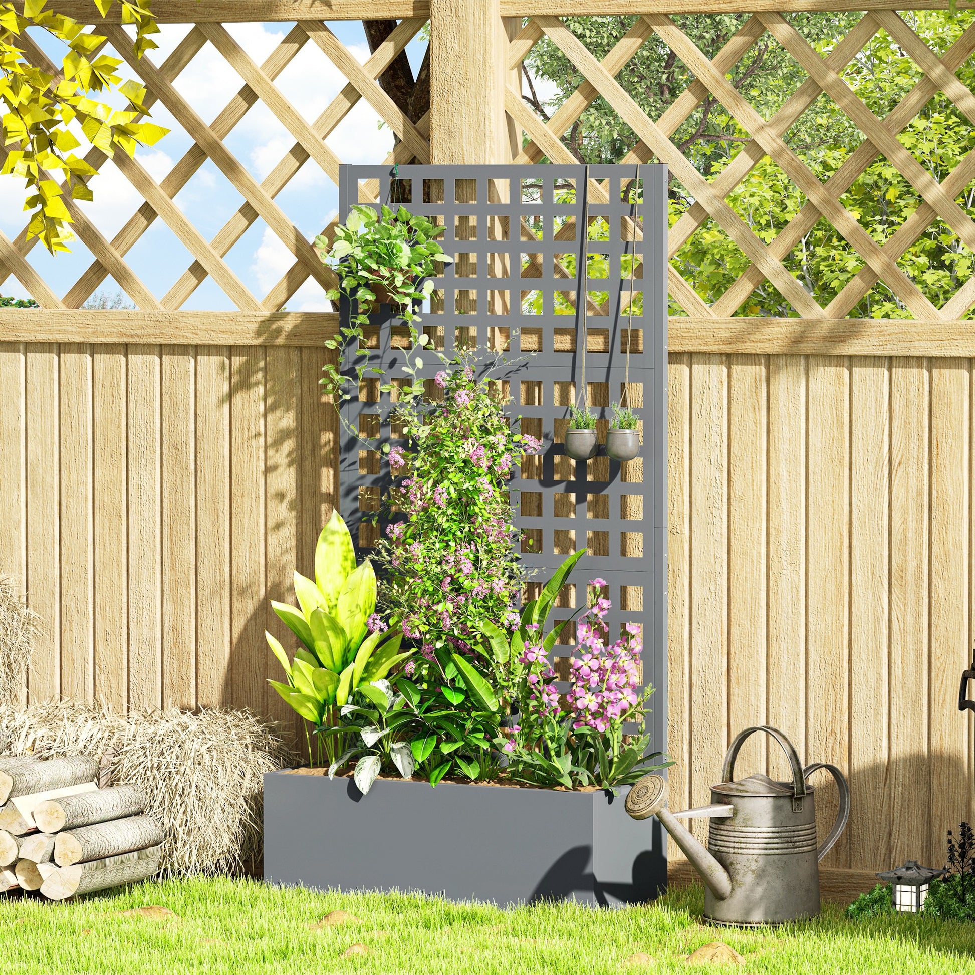 Galvanized Raised Garden Bed with Trellis - Grey Wood Effect-DECOROLALA