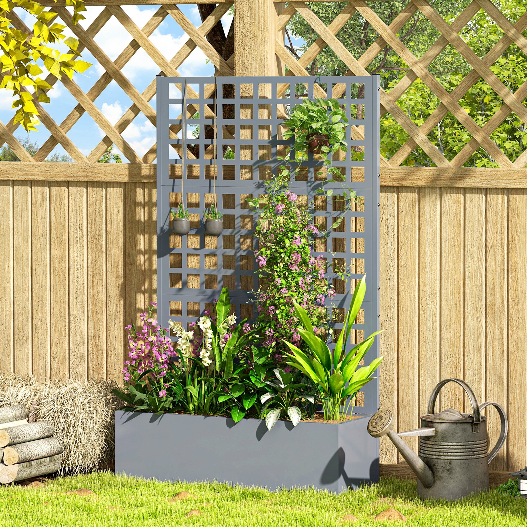 Galvanized Raised Garden Bed with Trellis - Grey Wood Effect-DECOROLALA