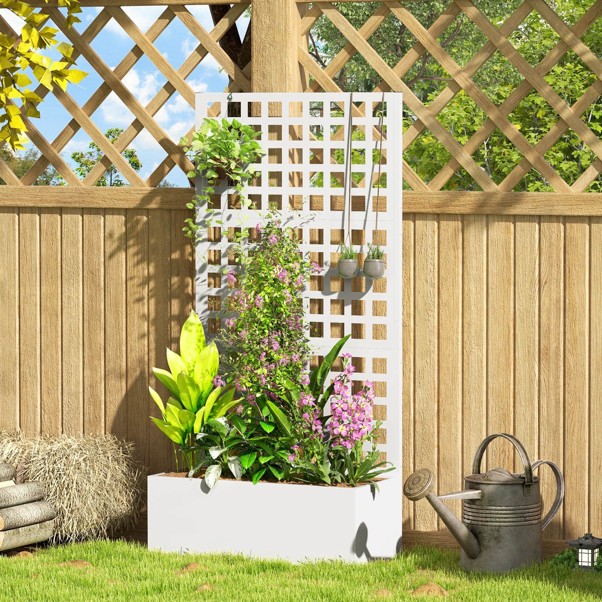Galvanized Raised Garden Bed with Trellis - White 35" x 16"-DECOROLALA
