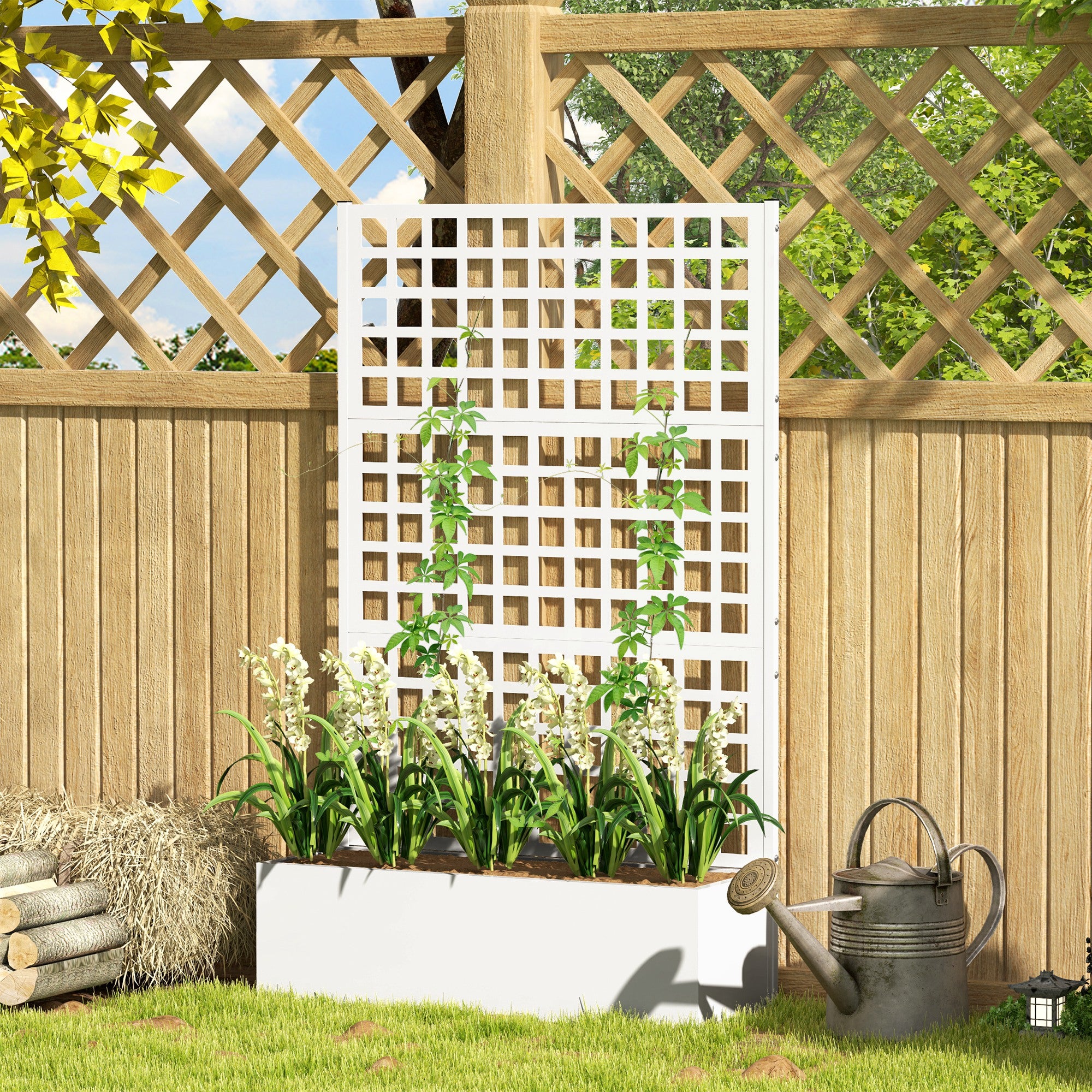 Galvanized Raised Garden Bed with Trellis - White 43" x 16"-DECOROLALA