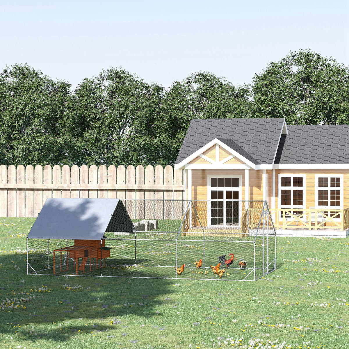 Galvanized Steel Chicken Coop Cage with Cover - 10' x 20' x 6.6'-Small Animal Supplies-DECOROLALA
