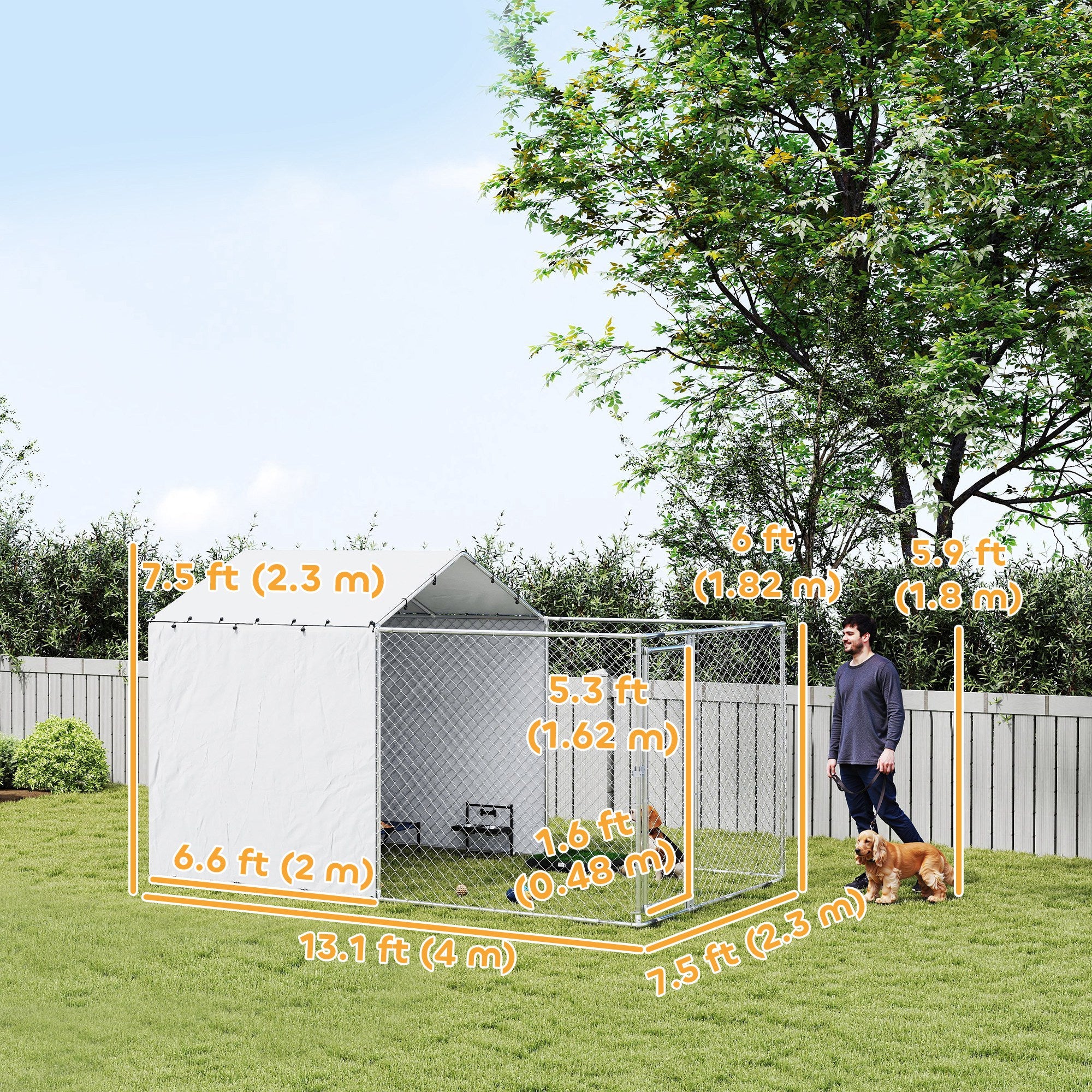 Galvanized Steel Dog Kennel Outdoor with Waterproof & UV-Resistant Cover for Large Dogs, 13.1' x 7.5' x 7.5'-Dogs-DECOROLALA