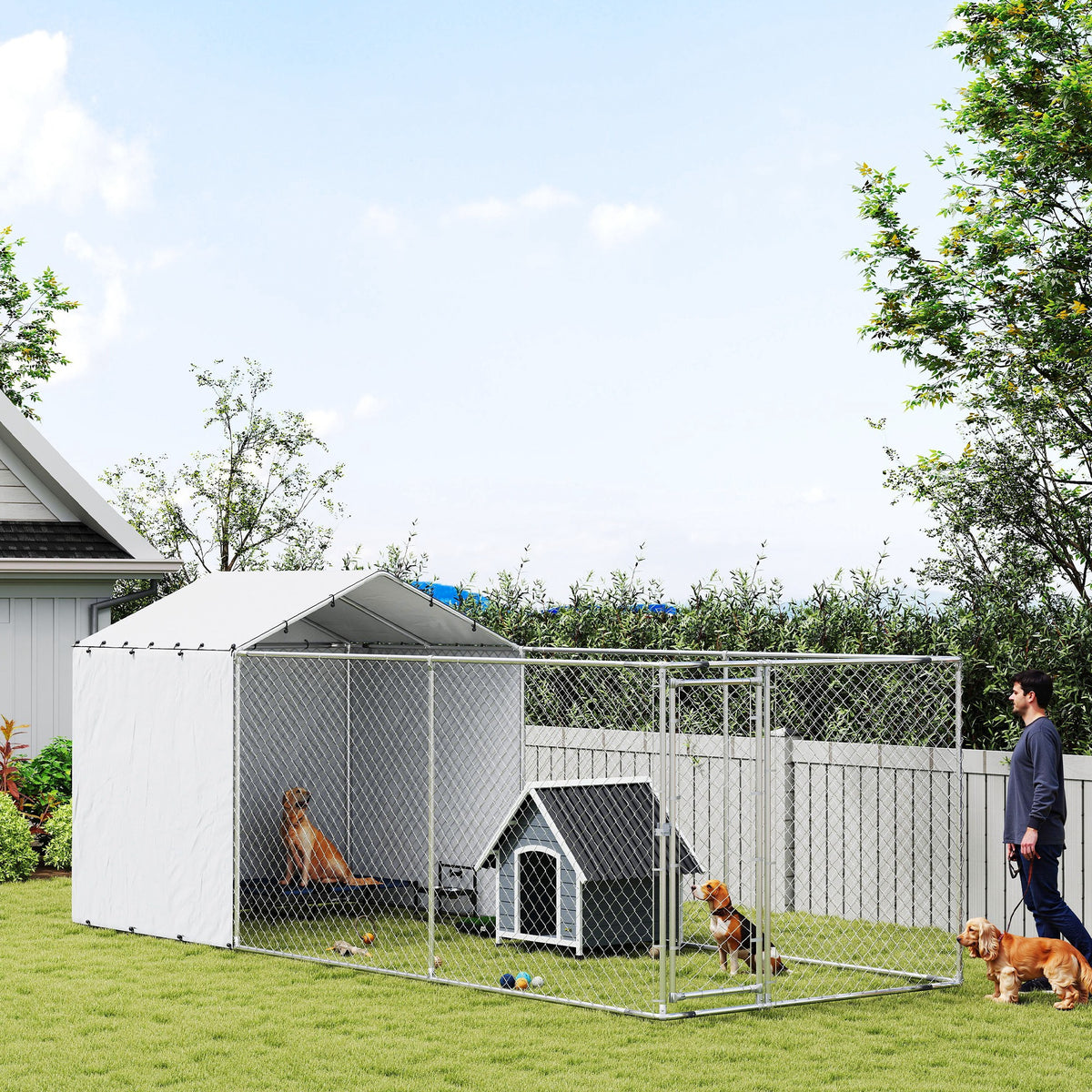 Galvanized Steel Outdoor Dog Kennel with Cover, 19.7' x 7.5' x 7.5'-Dog Supplies-DECOROLALA