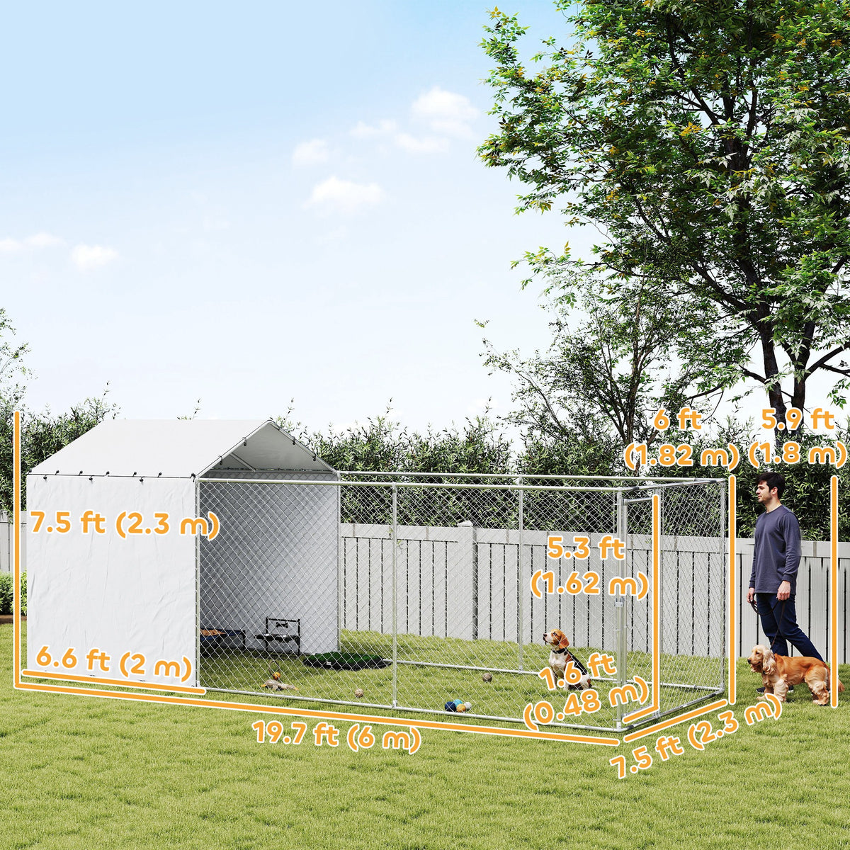Galvanized Steel Outdoor Dog Kennel with Cover, 19.7' x 7.5' x 7.5'-Dogs-DECOROLALA