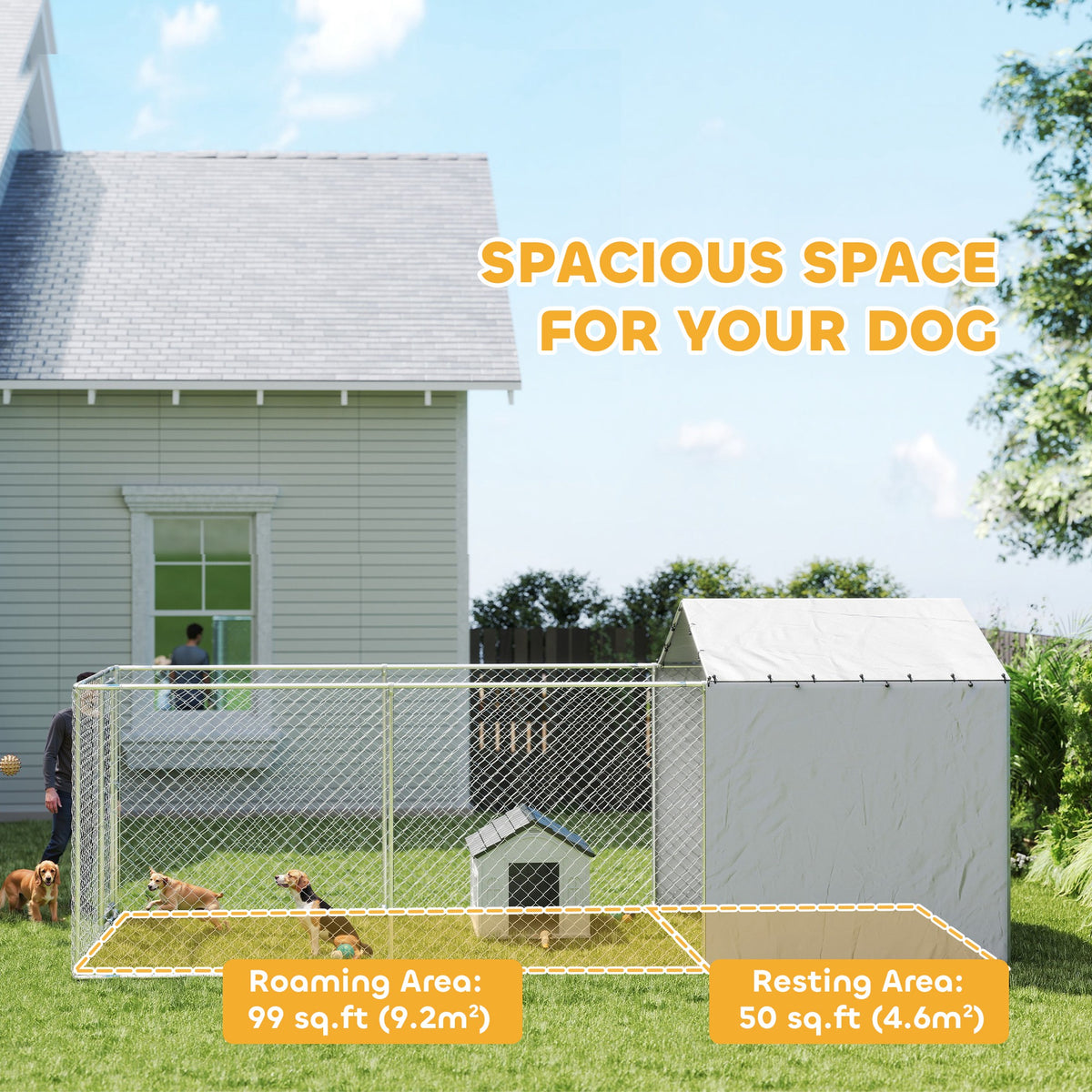 Galvanized Steel Outdoor Dog Kennel with Cover, 19.7' x 7.5' x 7.5'-Dogs-DECOROLALA