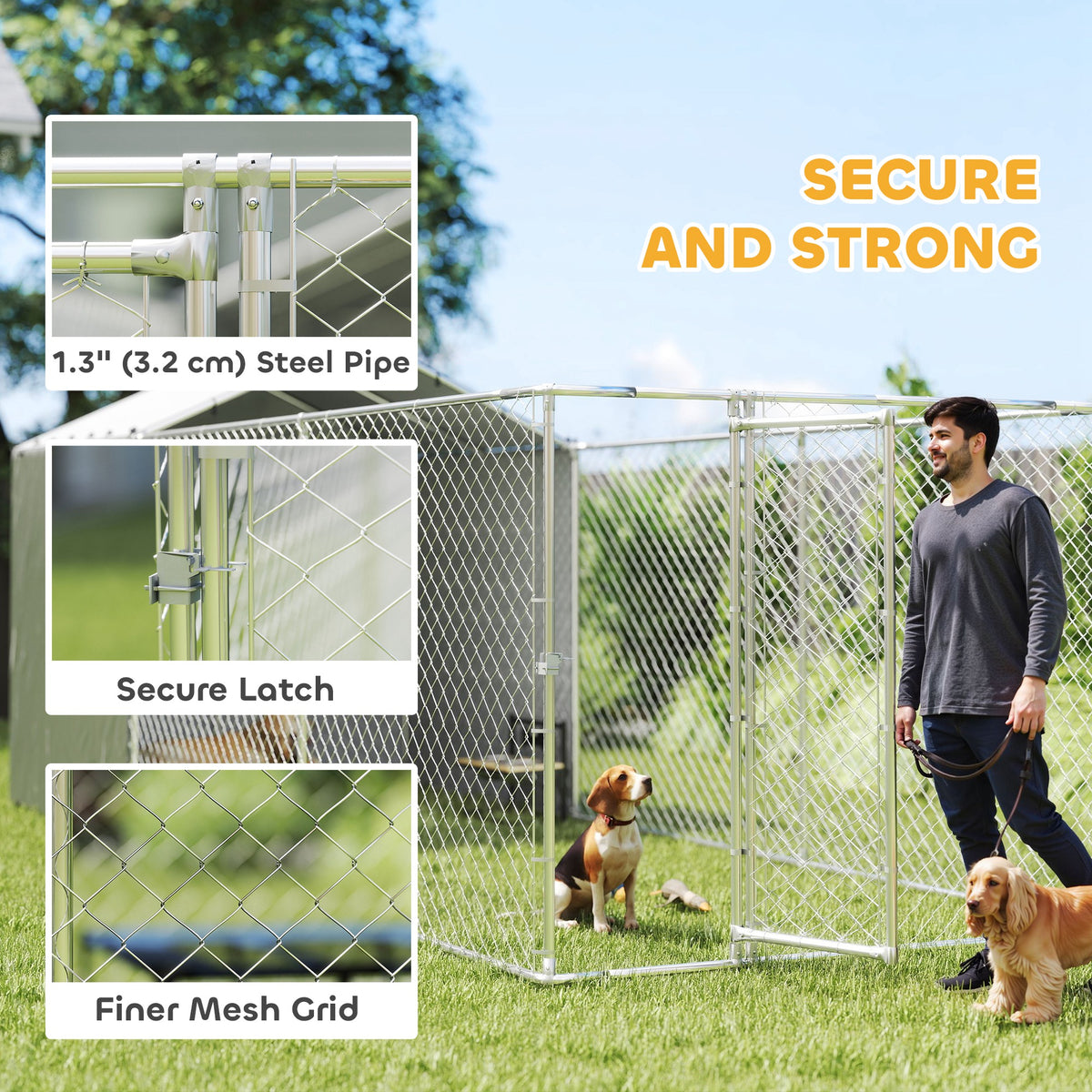 Galvanized Steel Outdoor Dog Kennel with Cover, 19.7' x 7.5' x 7.5'-Dogs-DECOROLALA