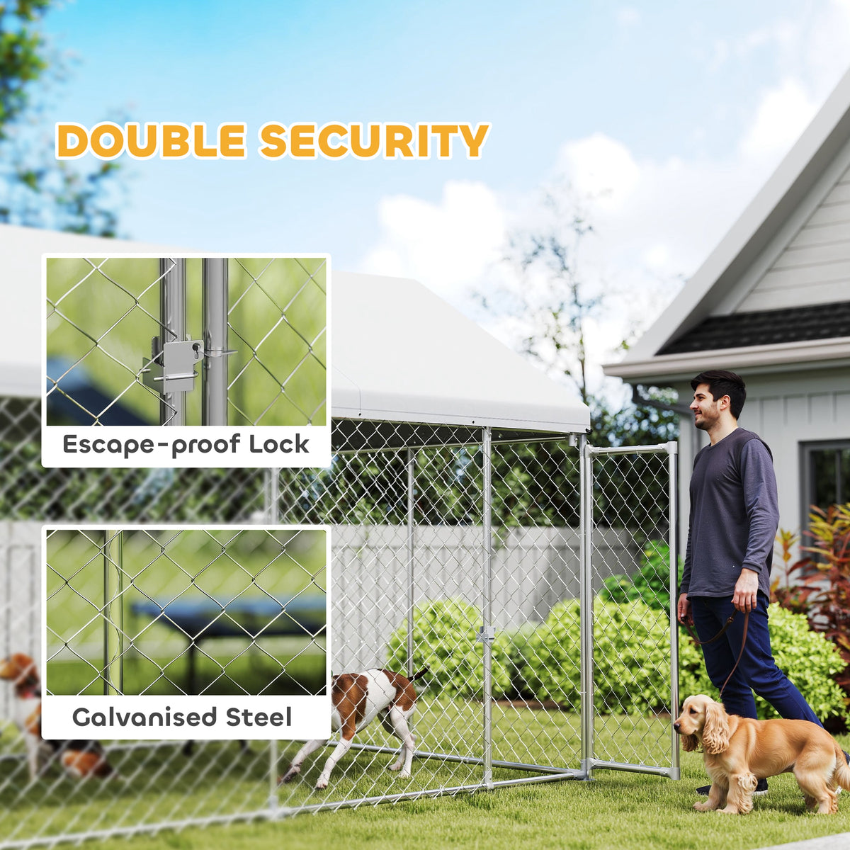 Galvanized Steel Outdoor Dog Kennel with Roof - 13.1' x 7.5' Silver-Dogs-DECOROLALA