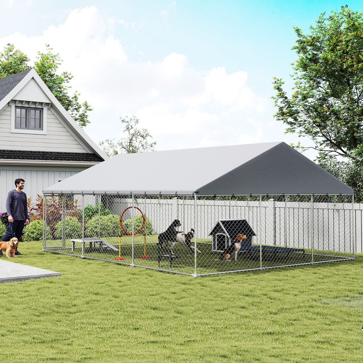 Galvanized Steel Outdoor Dog Kennel with Roof - 19.7' x 14.8' x 7.9'-Dog Supplies-DECOROLALA